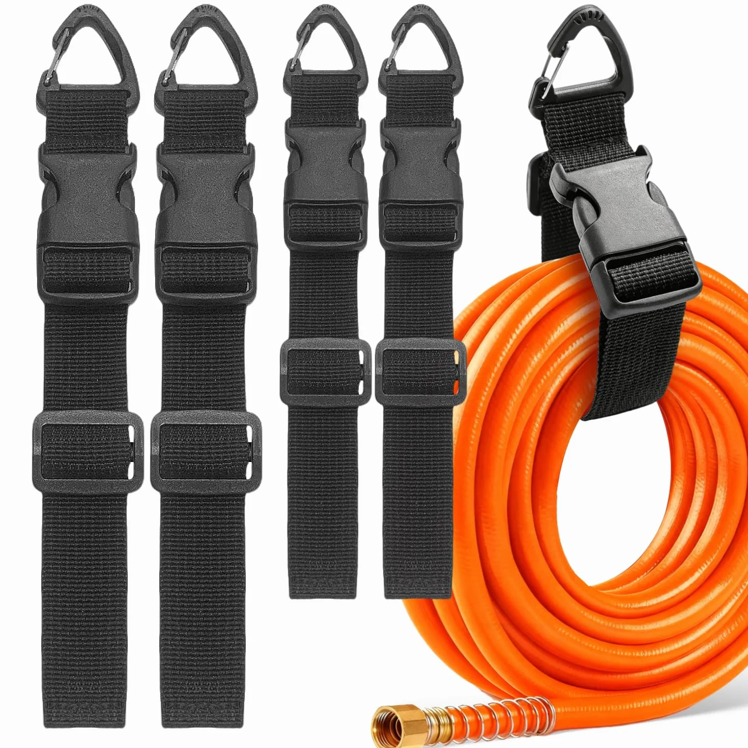 4 Attache Cable Largeur 3.8 cm Serre Cable Réglable (45/65 cm) Sangles Polyvalents avec Mousqueton et Boucle pour Rangement Garage les Tuyaux D'arrosage Rallonges Électriques et Câbles etc Noir