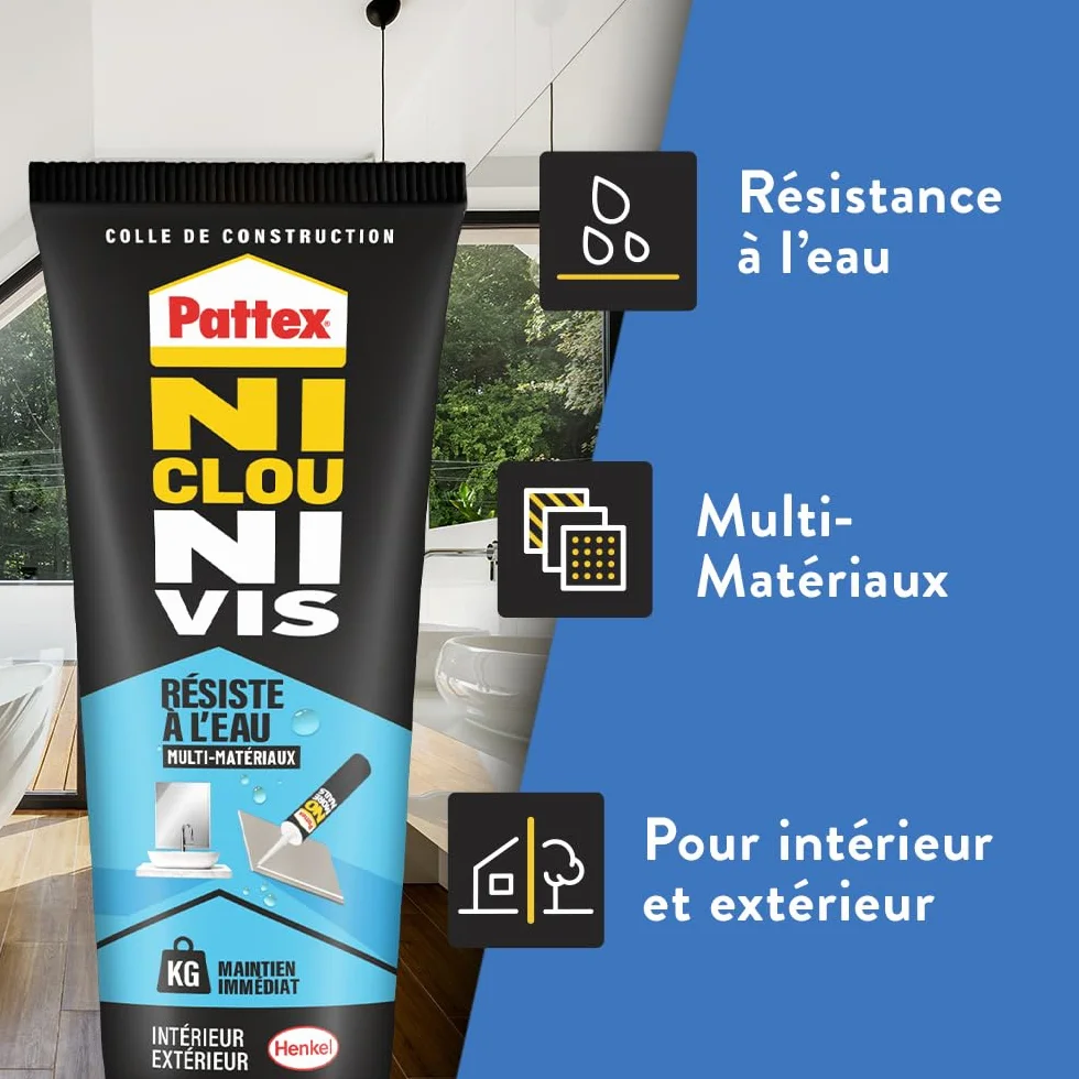 Pattex - Colle Ni Clou Ni Vis Résiste à l'Eau Multi-Matériaux (tube de 142 g) – Colle de fixation à maintien immédiat pour intérieur & extérieur – Mastic blanc flexible et repositionnable
