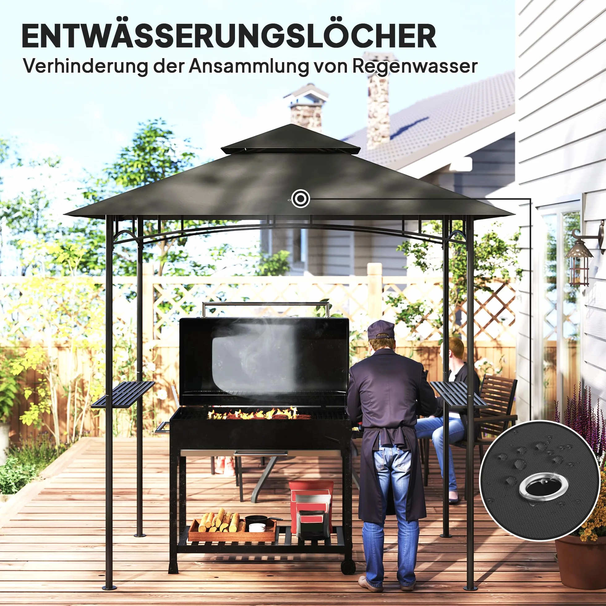 Outsunny Pavillon de barbecue avec LED 240 x 150 x 258 cm hydrofuge ignifuge toit double couche étagères latérales protection UV