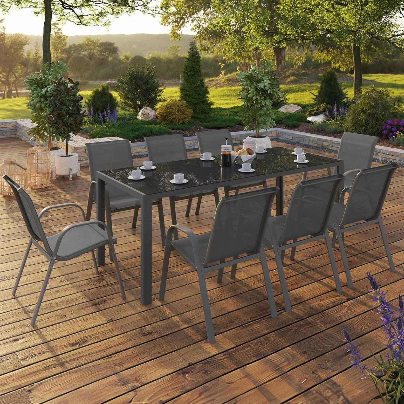 Salon de Jardin Madrid Table 190 CM 8 Chaises Empilables Gris Anthracite