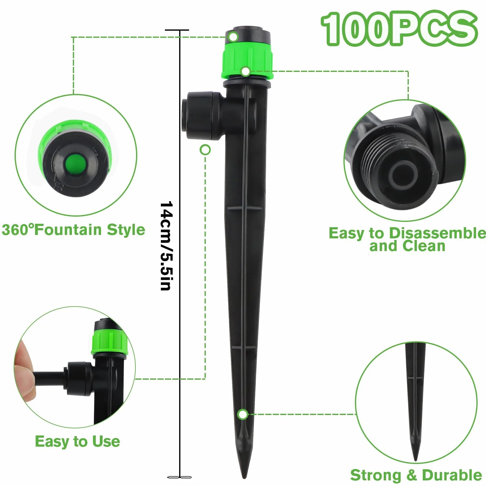 Émetteurs Goutte à Goutte Réglables Irrigation Goutte à Goutte Micro-débit 360 Degrés pour Tube 4mm/7mm Vortex-100P Vert