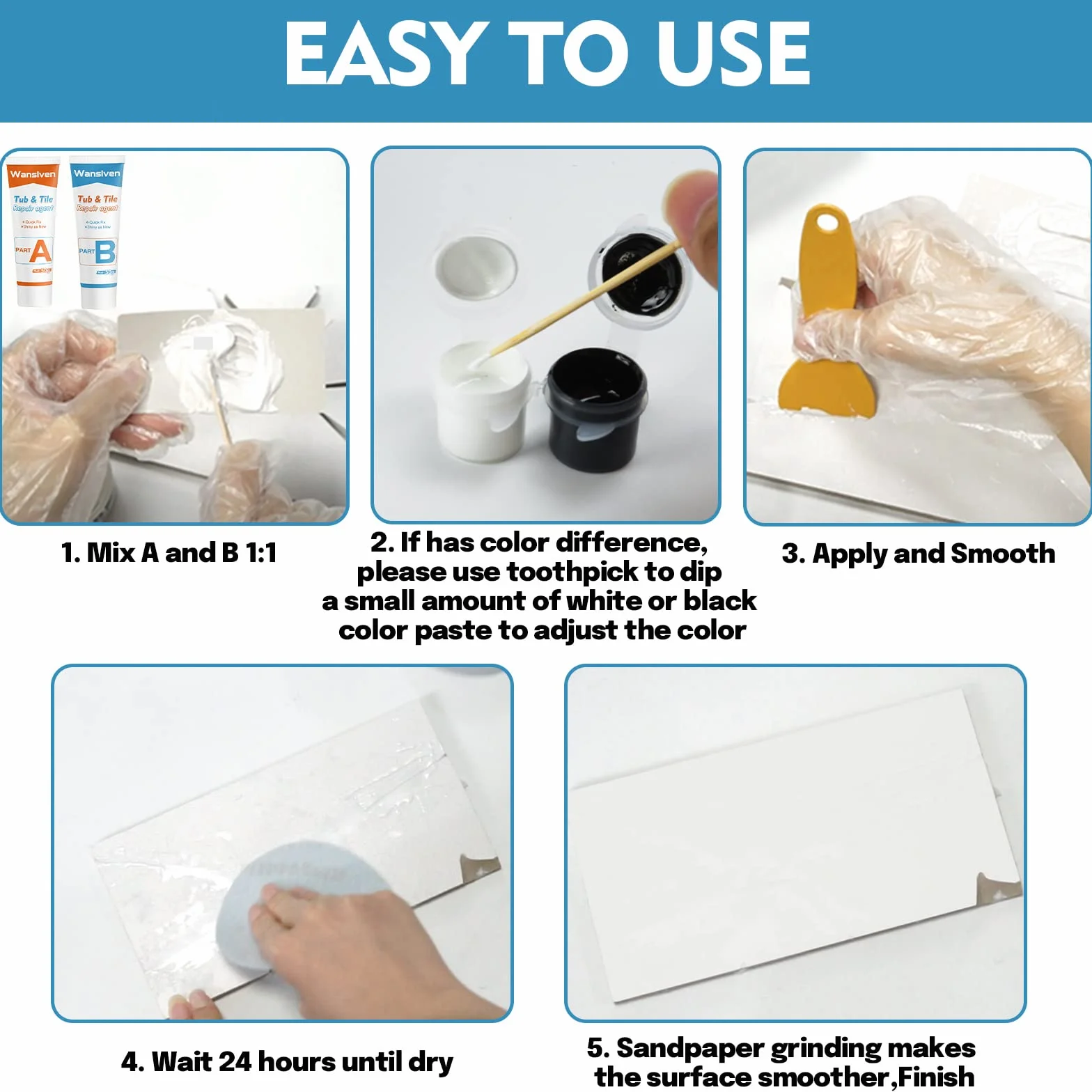 Wansiven Kit de réparation de baignoire, kit de réparation de carrelage et douche en émail, kit de réparation de fissures de baignoire pour réparer les rayures, les trous, les fissures