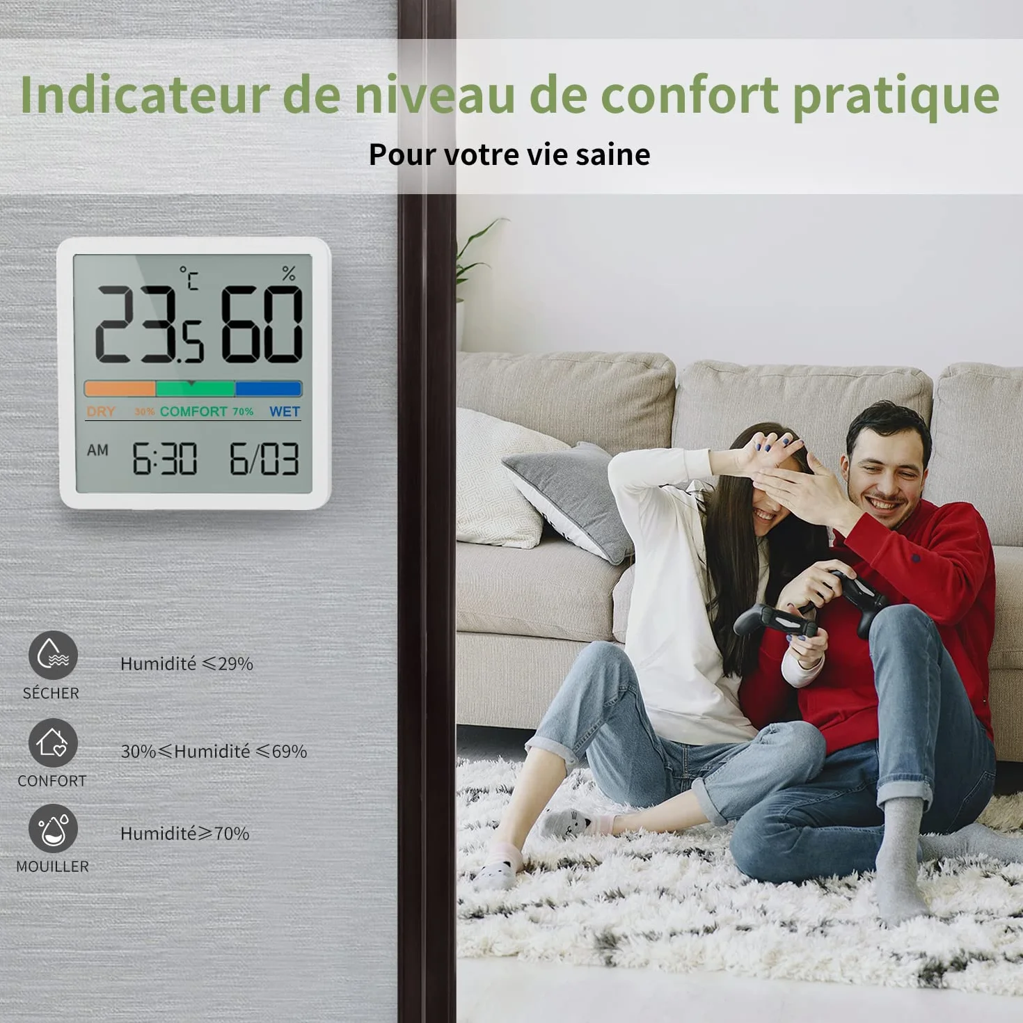 NOKLEAD Hygromètre Thermomètre d'intérieur numérique avec moniteur température humidité précise Blanc 7cm