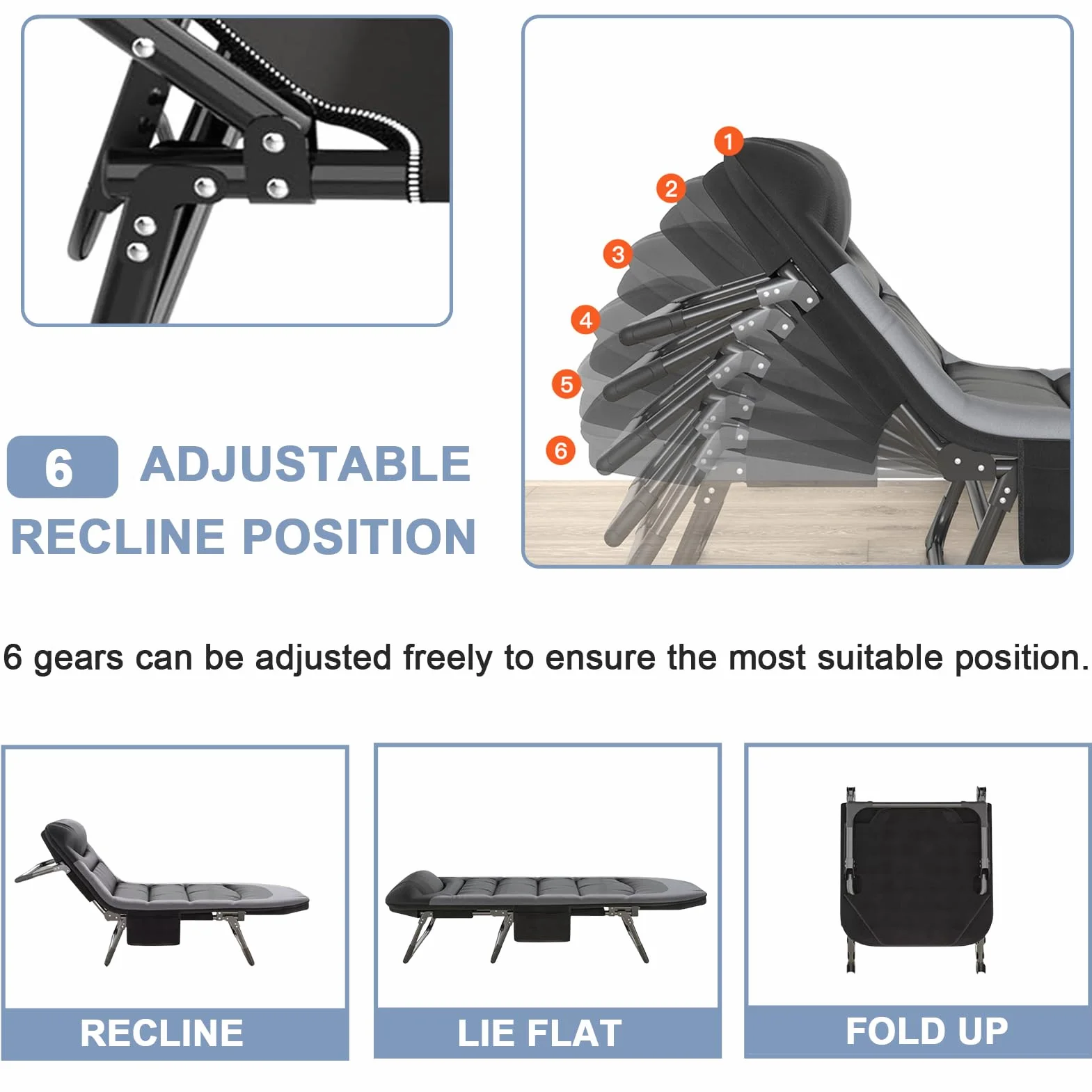 Chaise Longue Jardin Exterieur Pliable avec 6 Dossiers Réglables, Poche Latérale, Bain de Soleil pour Balcon Patio Camping (Noir)