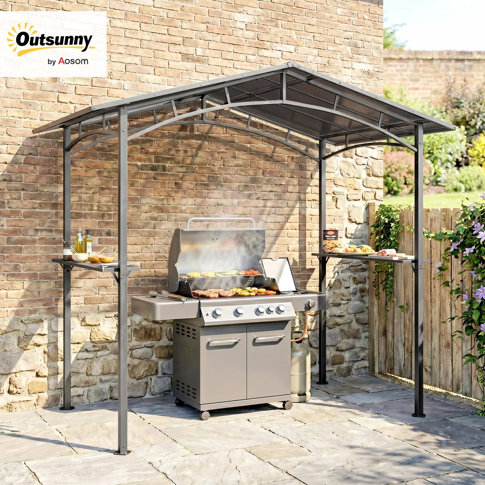 Outsunny Pavillon Jardin 2,5 x 1,5 m Abri Barbecue Toit Polycarbonate Métal Noir