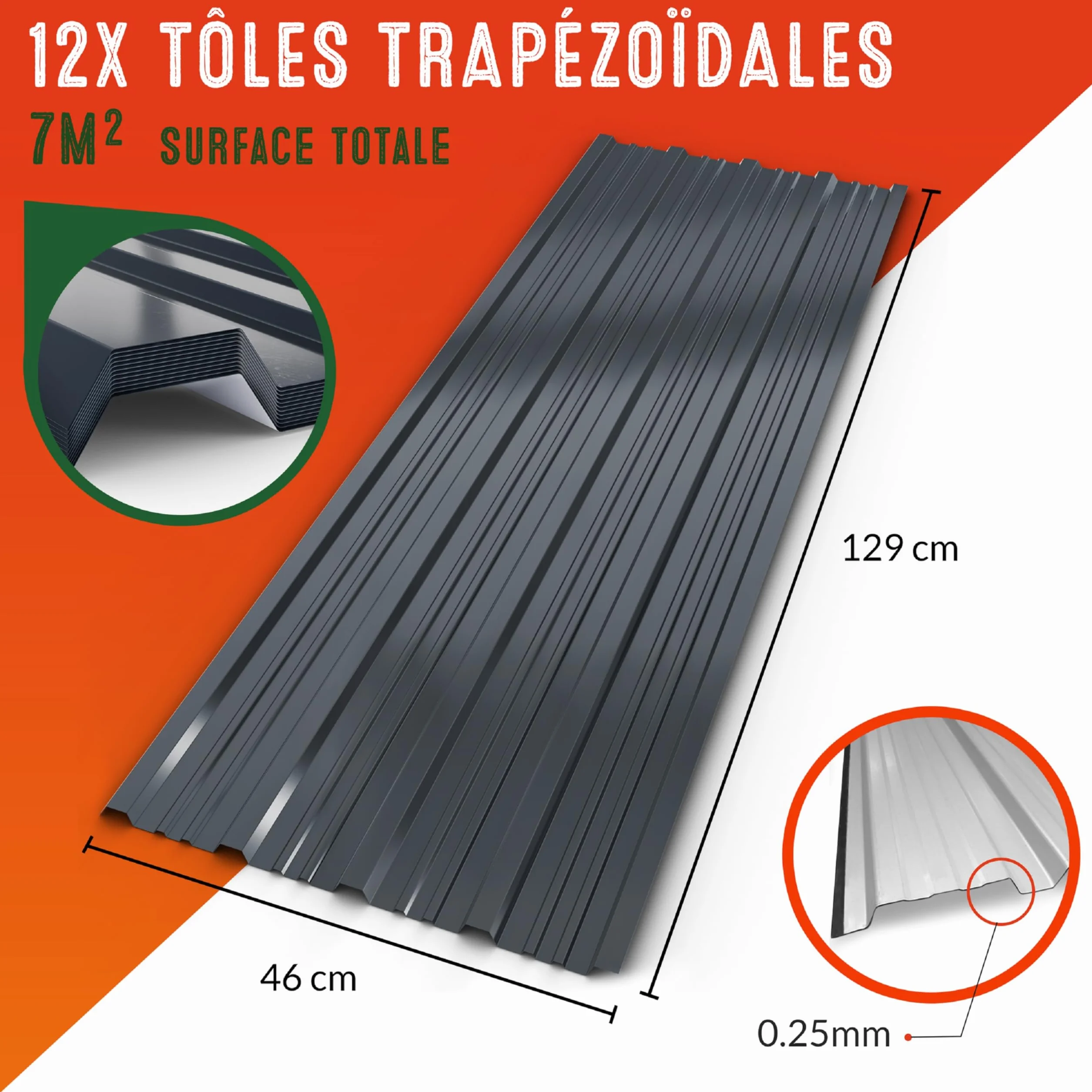GARDEBRUK® 12x Tôles de bardage 129x46cm = 7m² galvanisé résistant intempéries tôle ondulée trapézoïdale couverture toit mur tôle profilée anthracite