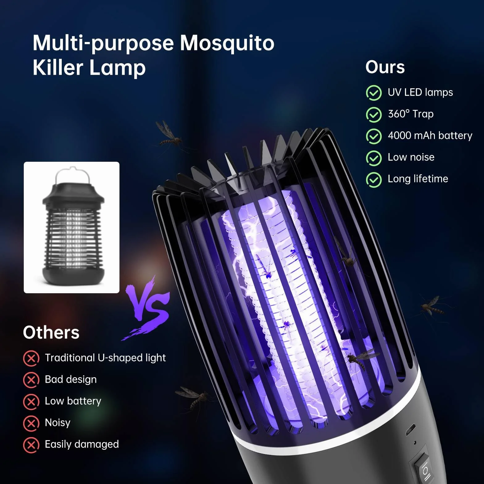 Lampe Anti Moustique UV Électrique 4000mAh Rechargeable Tueur d'Insectes LED