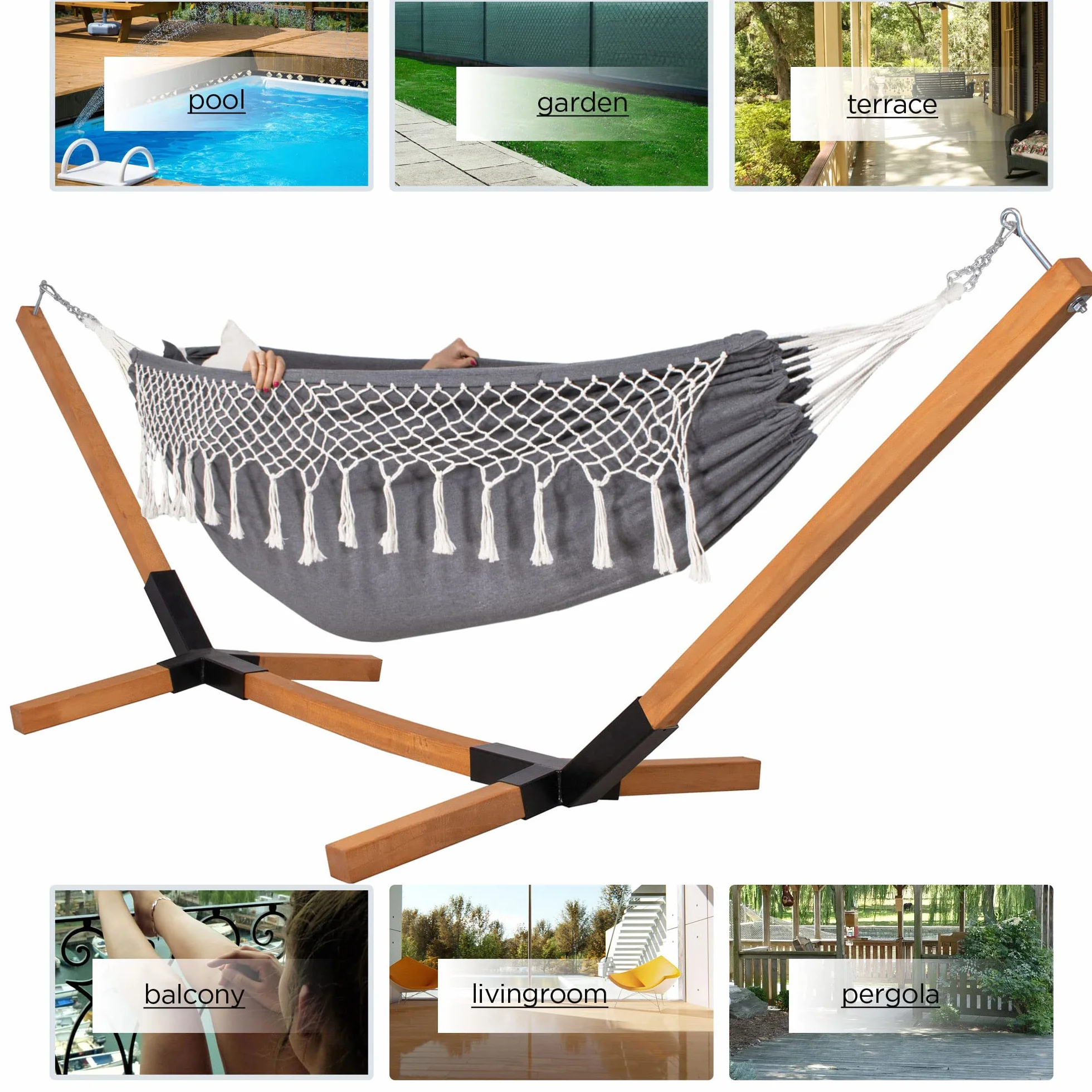 Support de hamac SPRINGOS 85 x 295 cm Bois Massif Charge Max. 150 kg