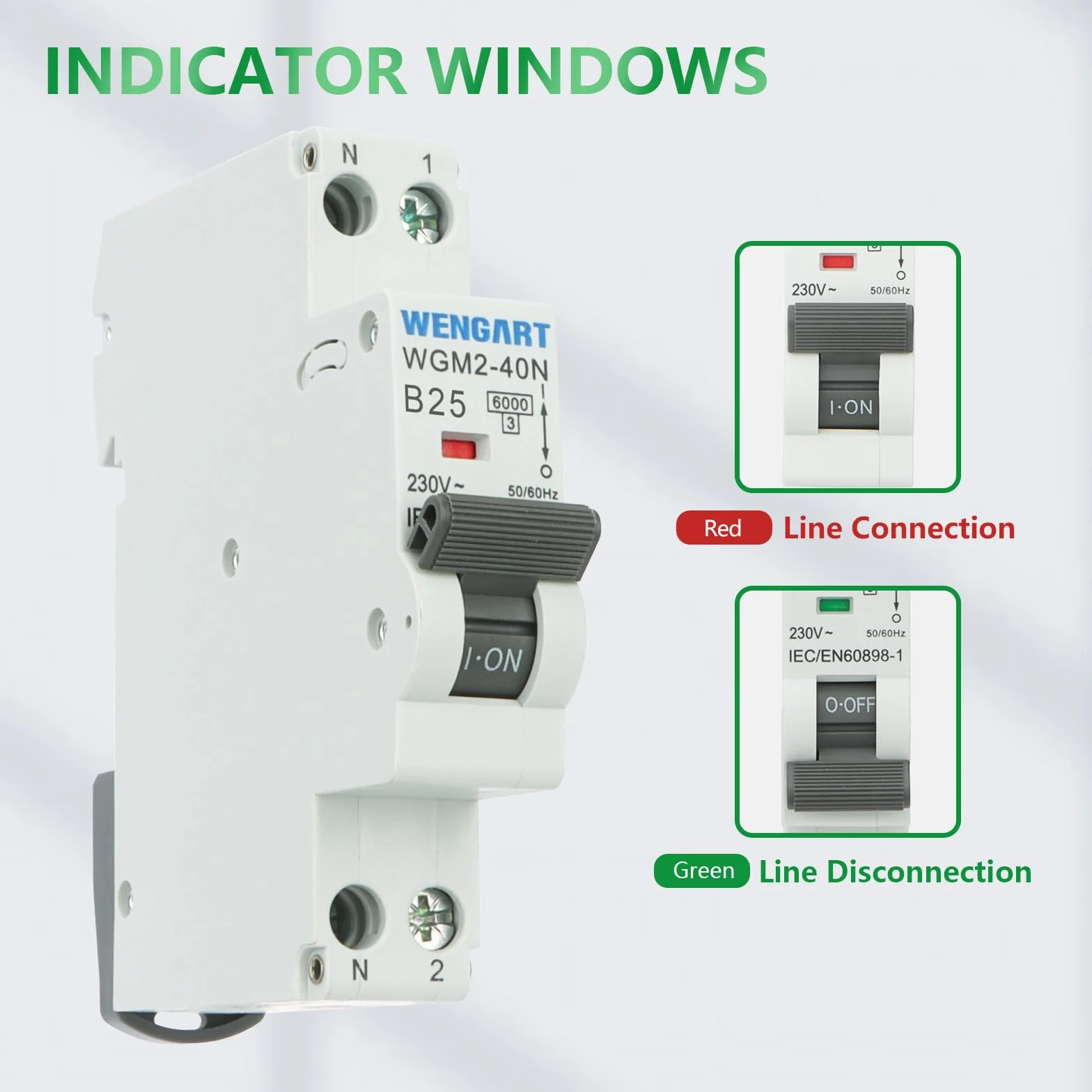 Wengart Disjoncteur miniature WGM2-40N, AC230V 25A 1P+N 6kA B-Char, Interrupteur de sécurité électrique pour usage domestique/industriel