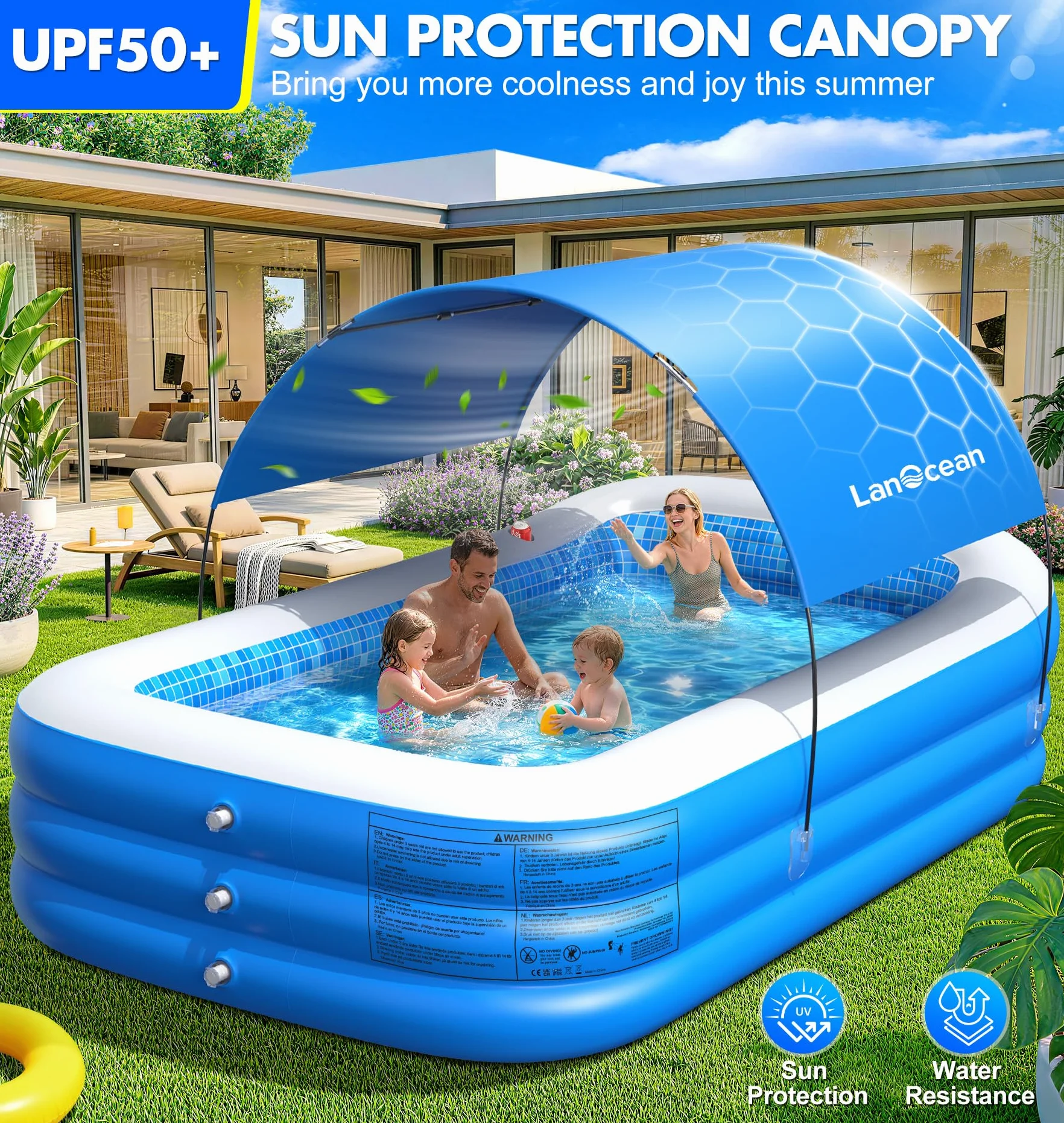 LanOcean Piscine Gonflable Adulte 280x160x50cm 0,53mm Épaisseur avec Parasol Siège Porte-gobelet