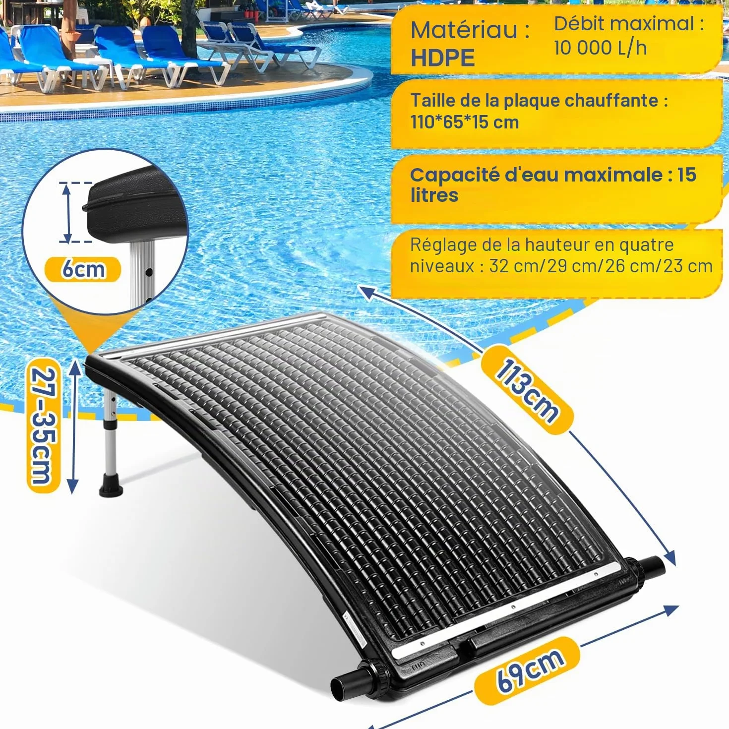Panneau solaire chauffage piscine 110x69x14 cm diamètre 38 mm