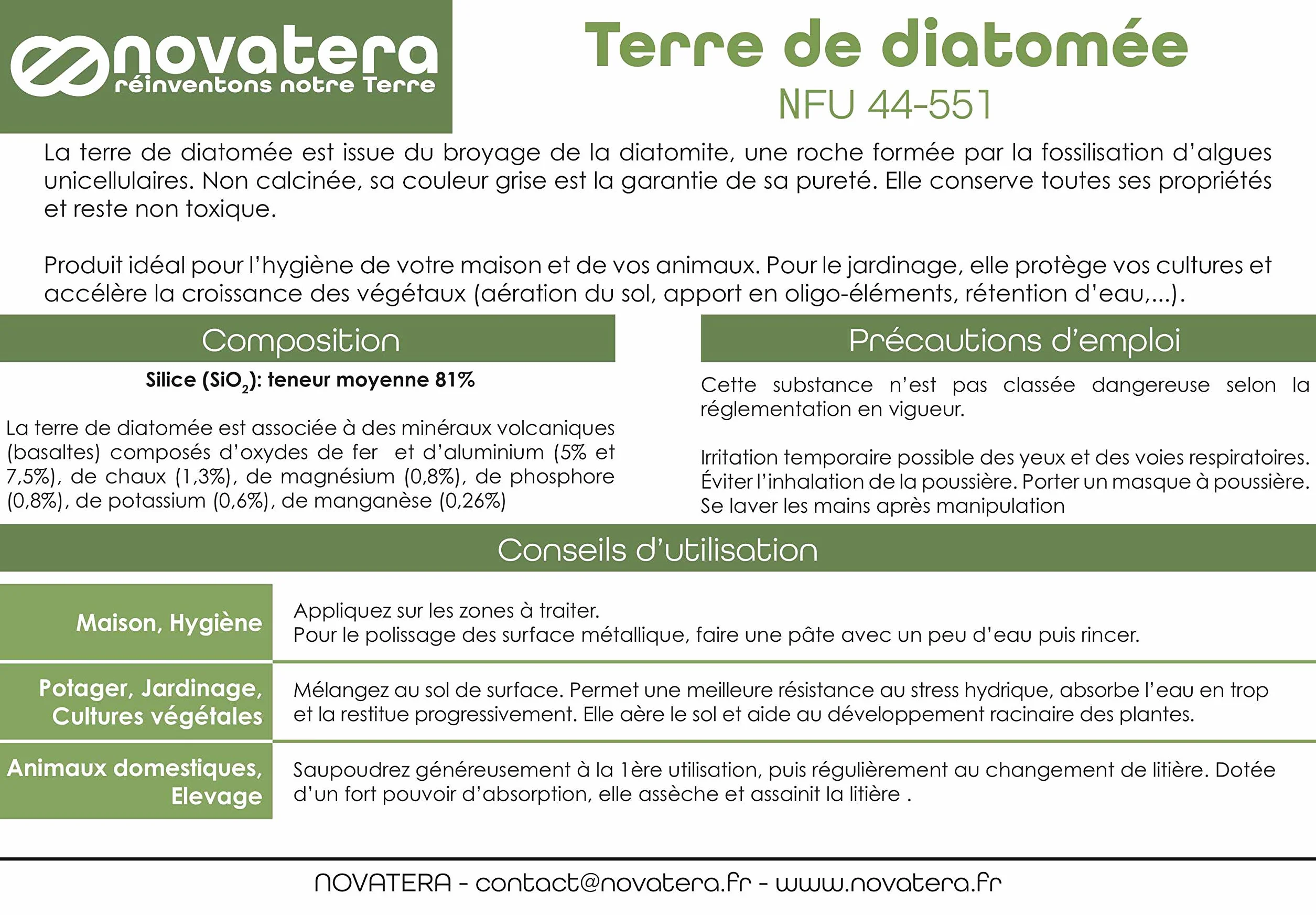 NOVATERA Terre de Diatomée 100% Naturelle Française Ultrapure Non Calcinée Ecocert 1kg
