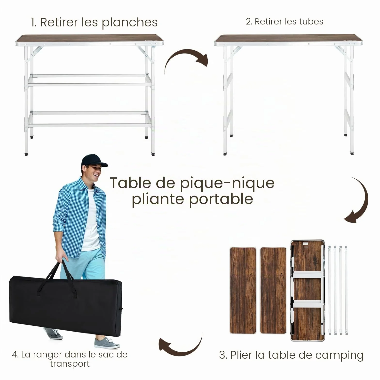 Table de Camping Pliante Aluminium KOMFOTTEU avec Sac Rangement 3 Niveaux Brun