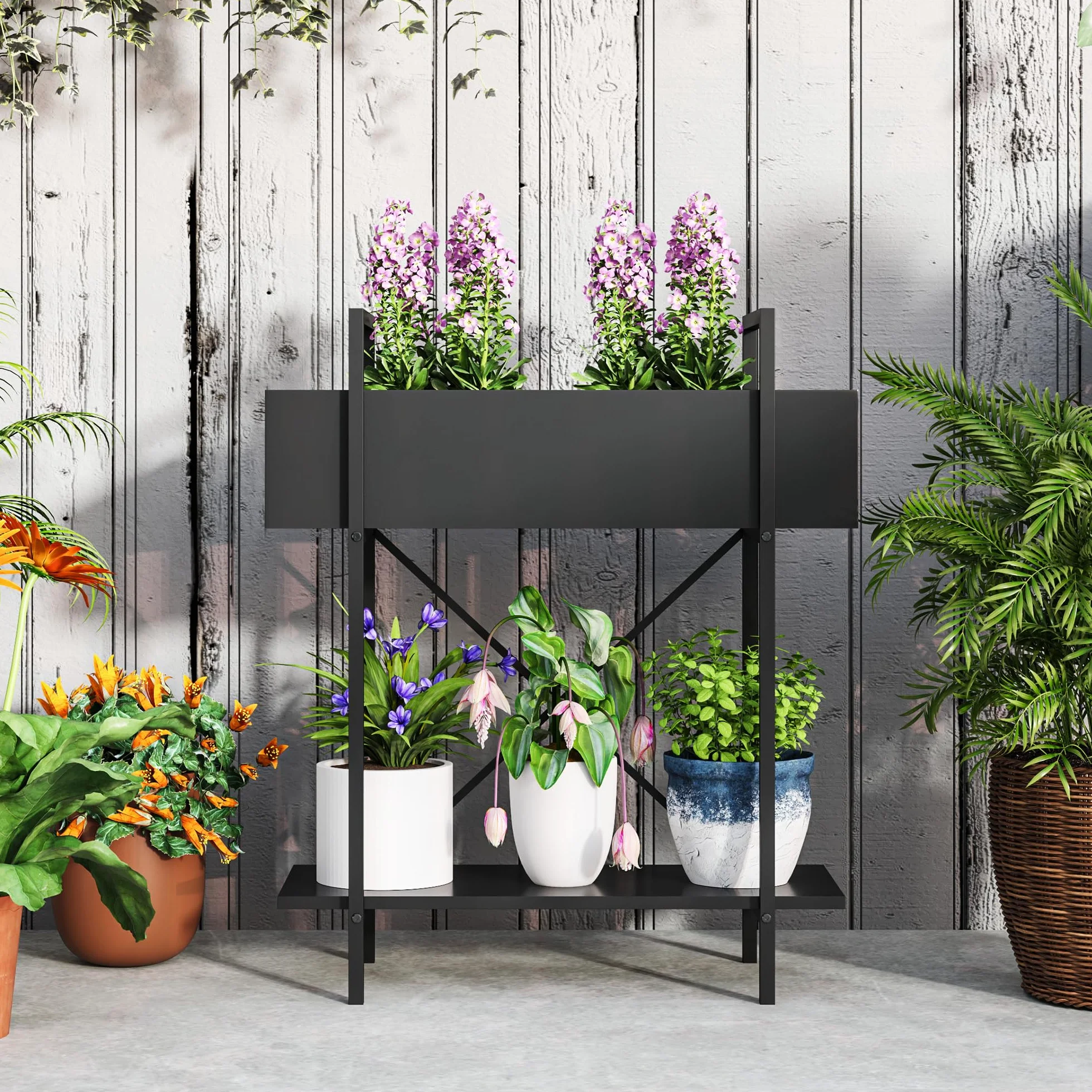 Outsunny Support plantes interieur 2 niveaux, porte plante en métal avec trous de drainage, noir