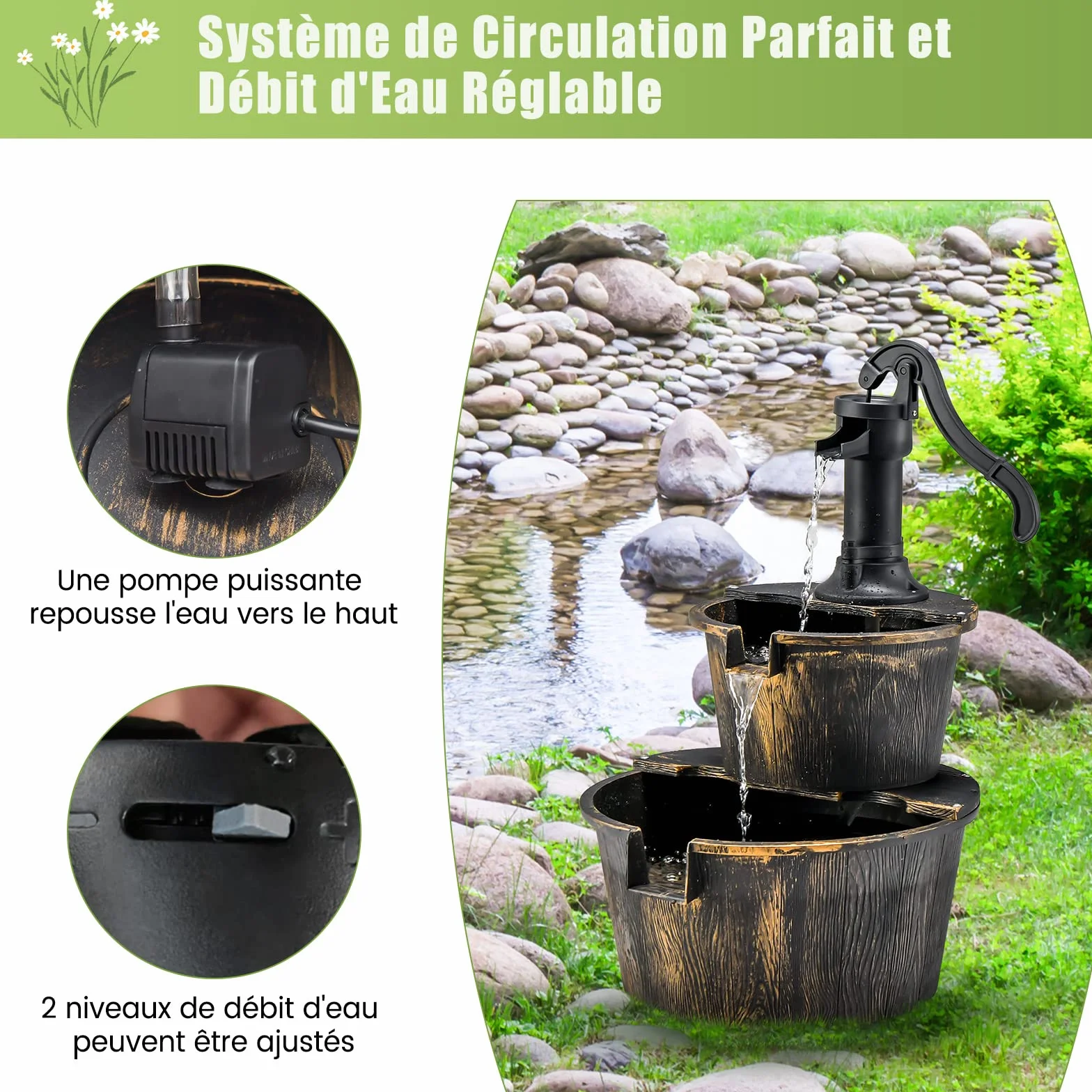COSTWAY Fontaine Cascade Extérieure 2 Étages Pompe Réglable 68 cm PP Bronze Jardin