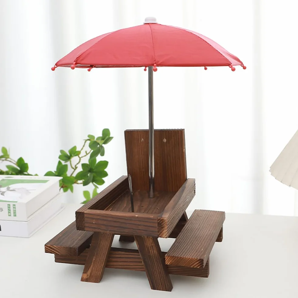 Mangeoire pour Écureuils en Bois avec Parasol et Banc, 18x21x18cm Marron