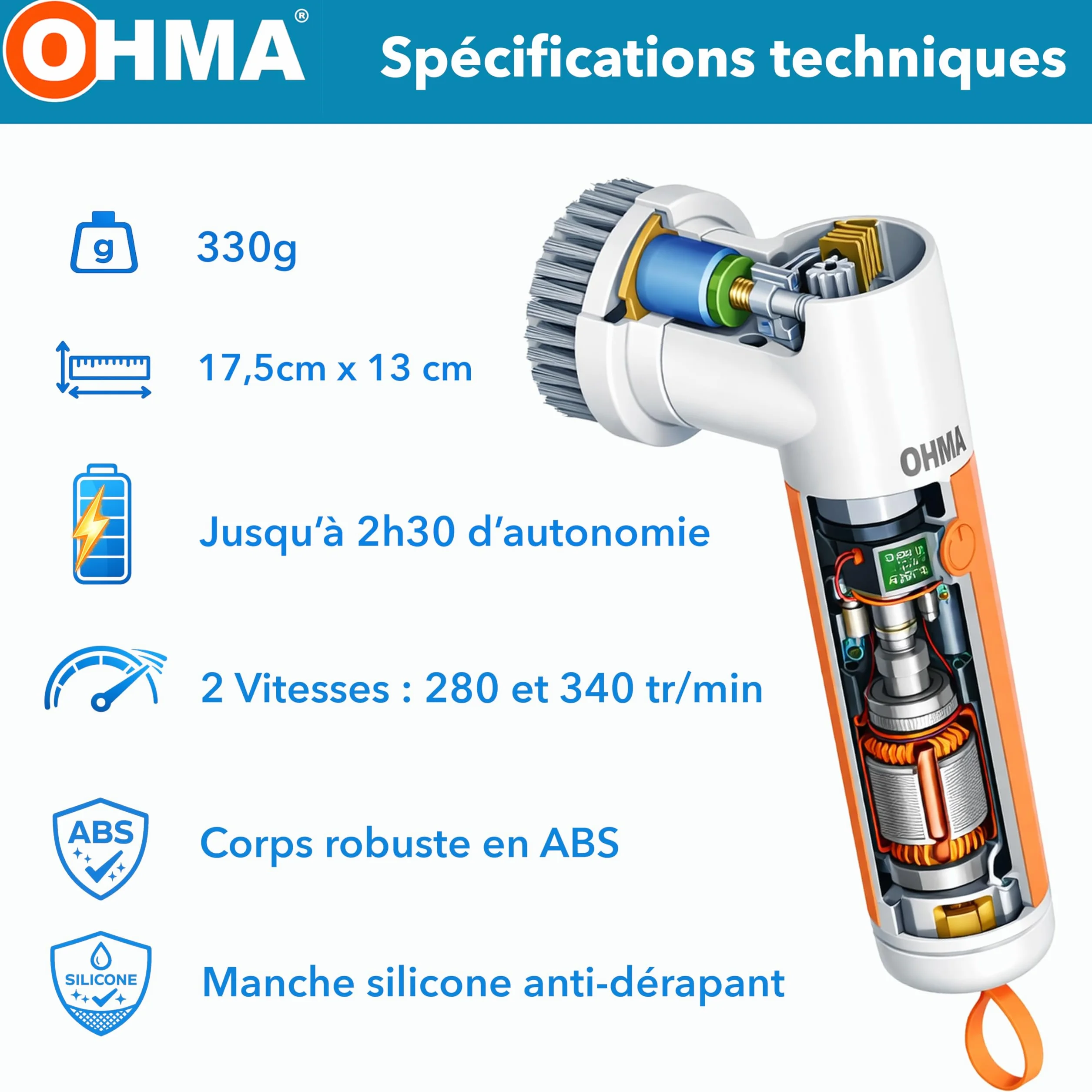 OHMA Brosse Électrique Rotative – 6 Têtes – Jusqu'à 2h30 d'Autonomie – Joints, Carrelage, Douche, Salle de Bain, Cuisine – Étanche IPX7 – USB-C – Garantie 3 Ans