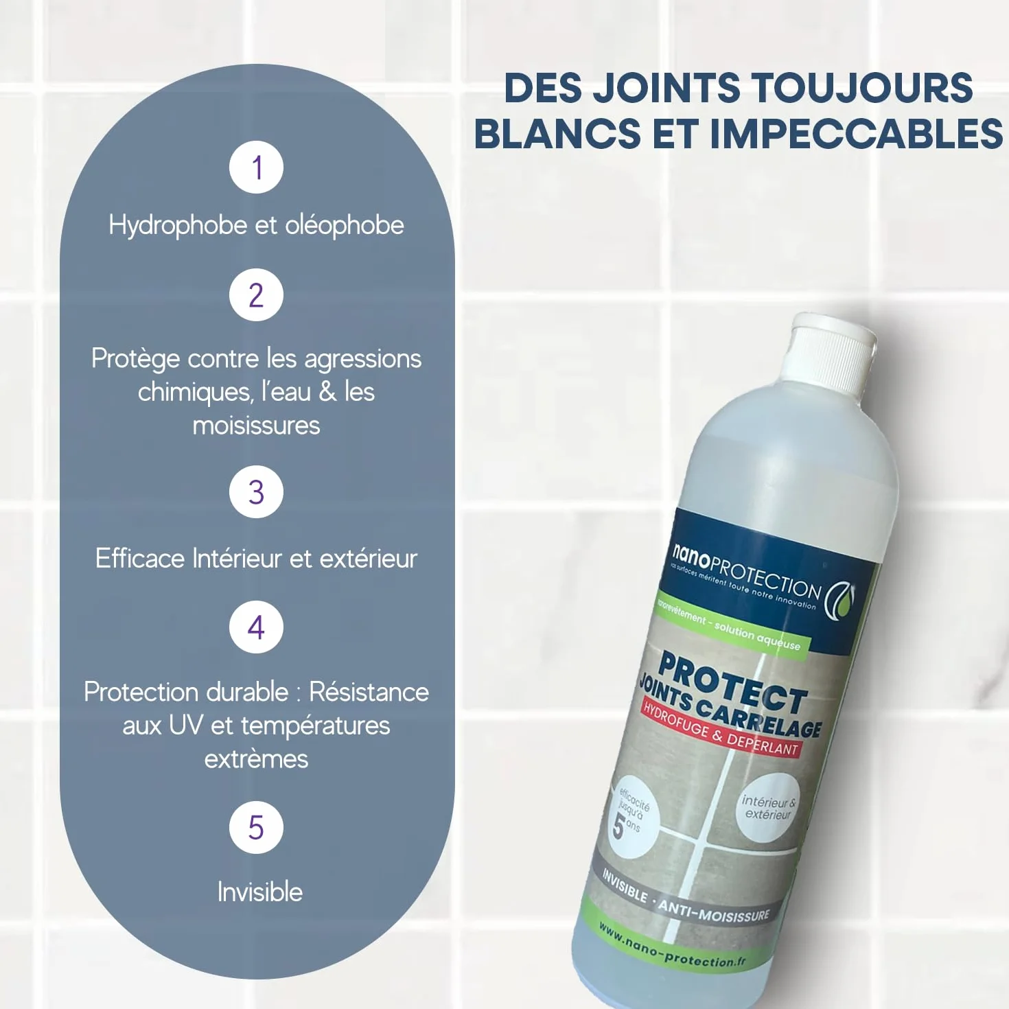 NANOPROTECTION Traitement Hydrofuge Joints De Carrelage 250 ml, Imperméabilisant Haute Efficacité Jusqu’À 25 m², Pour Douche Cuisine Et Sols Carrelés, Protège Les Joints