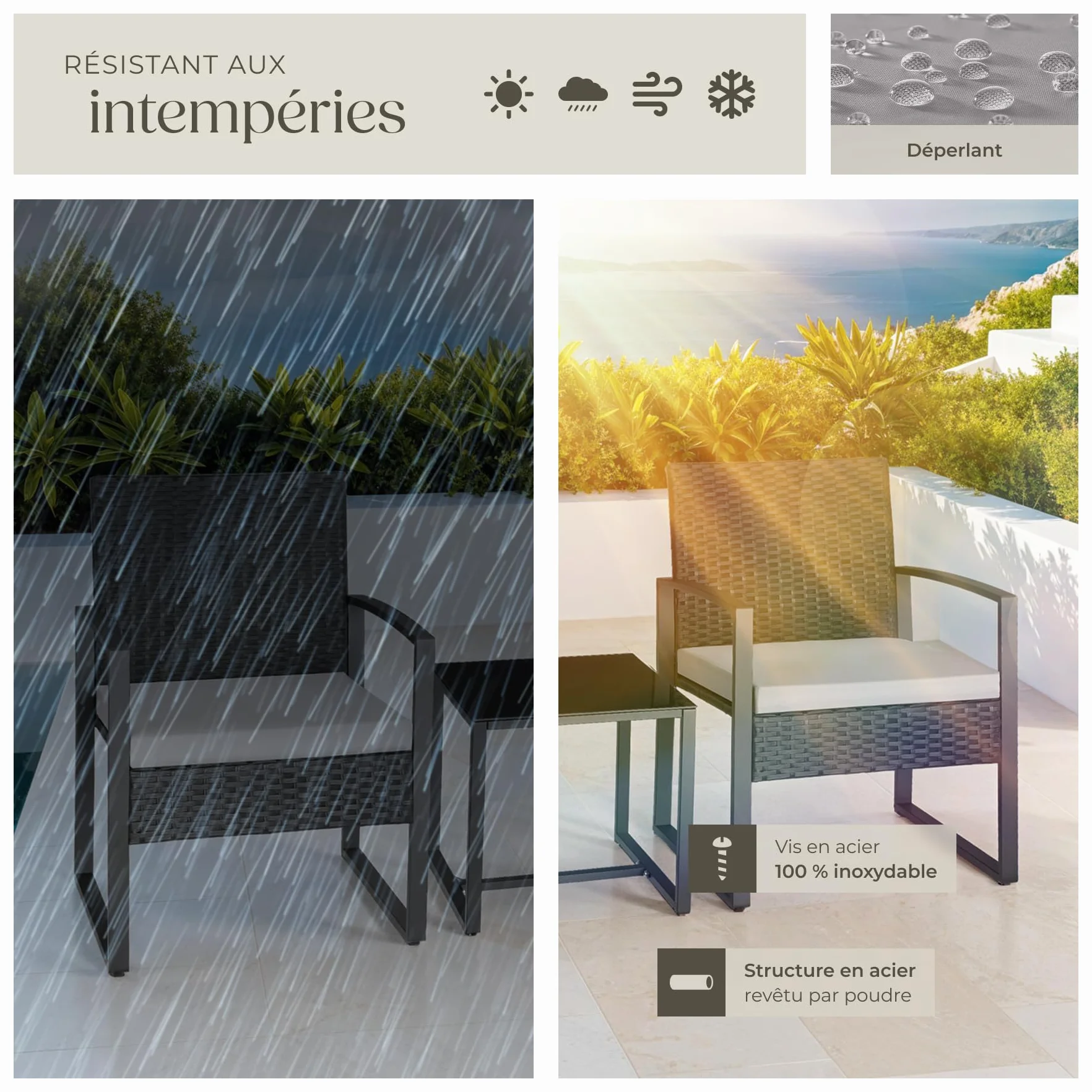 Tectake Ensemble Salon de Jardin Exterieur 2 Chaise Table Jardin Poly Rotin Acier Noir