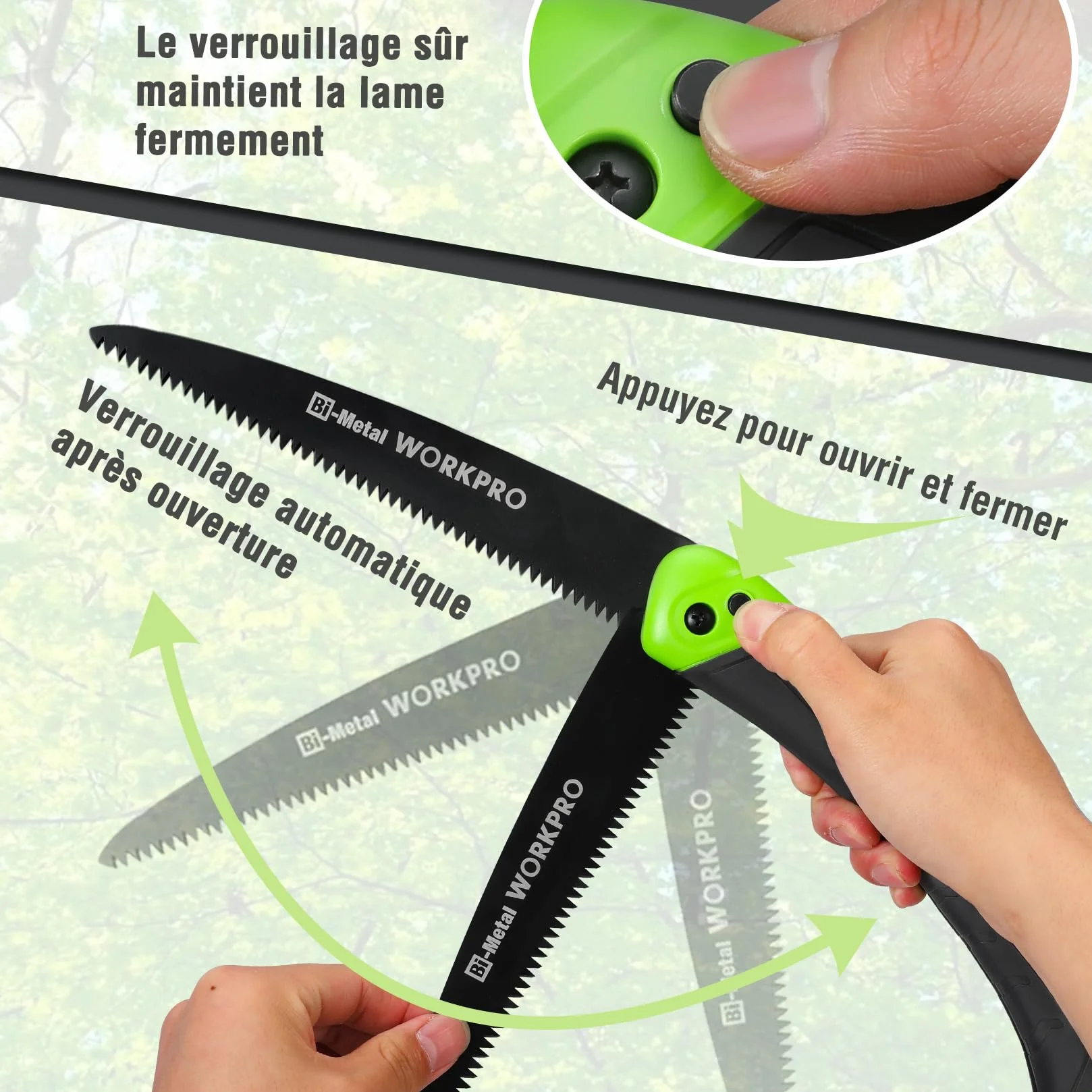 WORKPRO Scie Elaguer à Main Bimétal, Scie Pliante avec Dent à Triple de Coupe et Verrouillage de Sécurité pour Elagage, Emondage, Jardinage, Camping