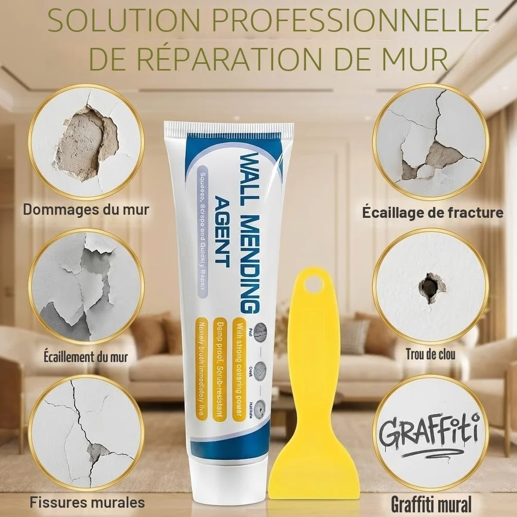 Rebouche Trou Mur Blanc,Enduit de Rbouchage Prêt à l'Emploi Pour Murale, Enduit Platre Rebouchage Pour Rayures, Trous, Fissures, Graffitis,Avec Patch, Spatule et Papier Abrasif