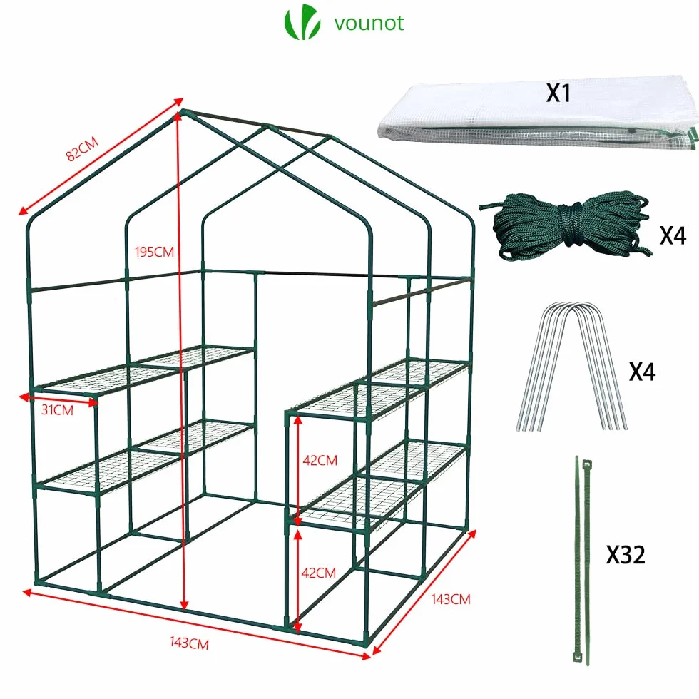 VOUNOT® Serre de Jardin PE 3 Niveaux 143x143x195cm Bâche Renforcée 135g/m2