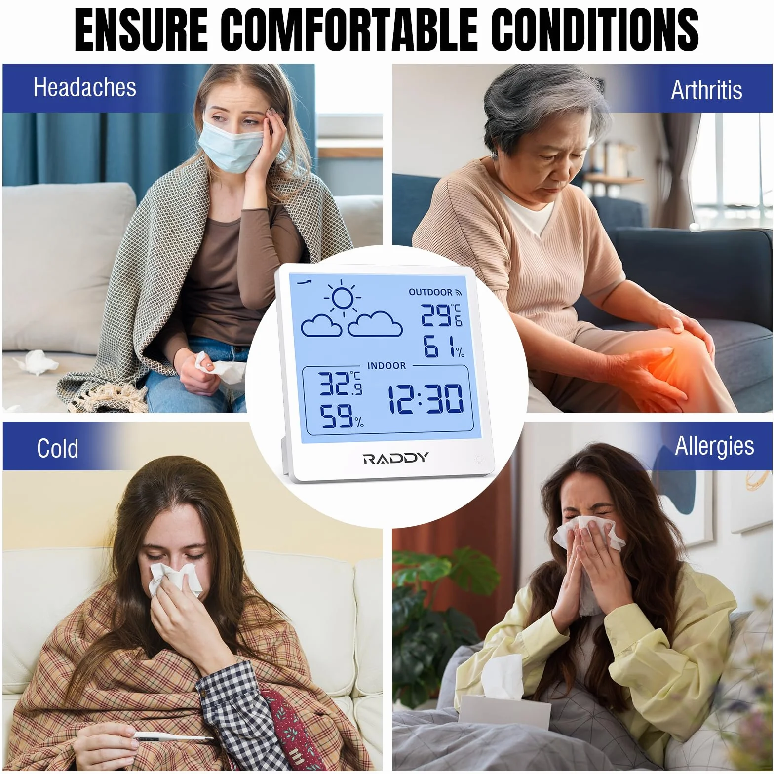Raddy WF-50 Station météo sans fil thermomètre hygromètre intérieur extérieur 5" TN écran prévisions météo capteur à distance barométrique Blanc