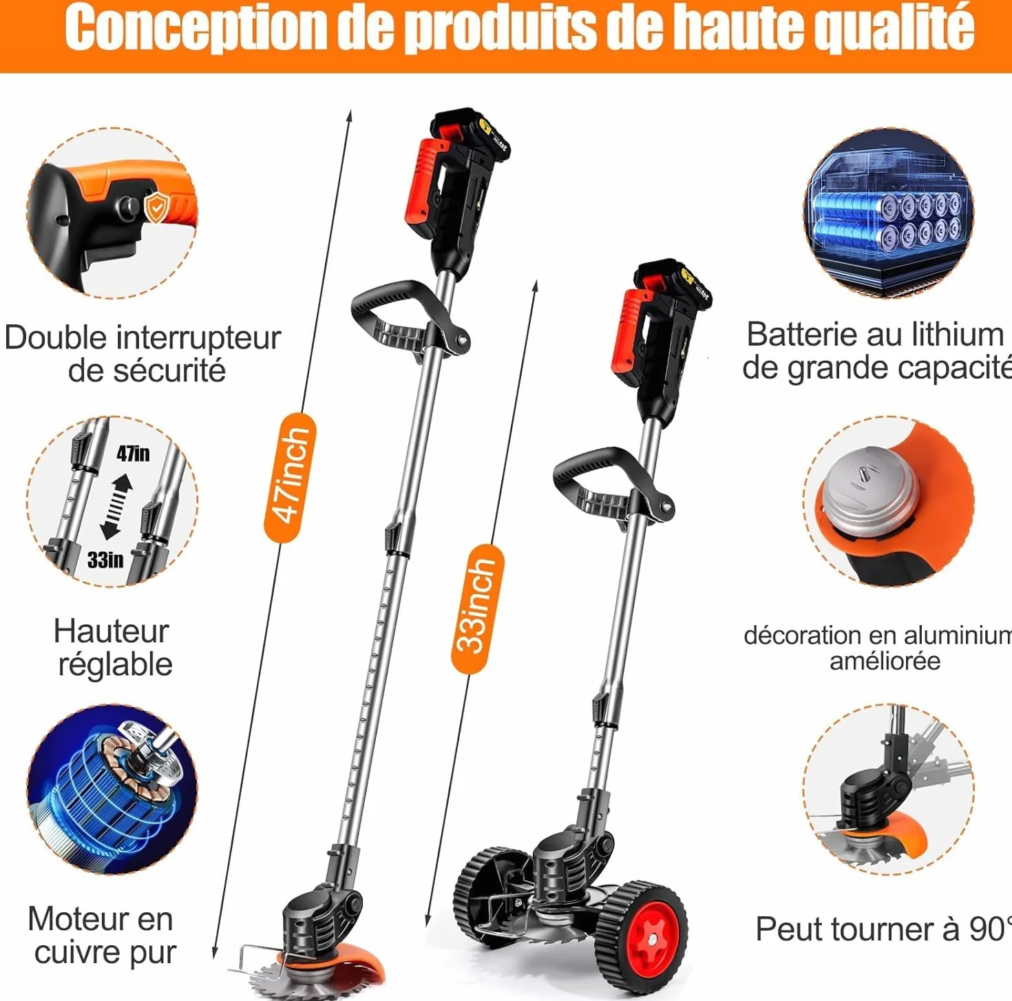 Debroussailleuse Electrique sans Fil 21V Coupe Bordure avec 2 Batteries et Lames Roues Légère Faible Bruit Jardin Pelouses Arbustes