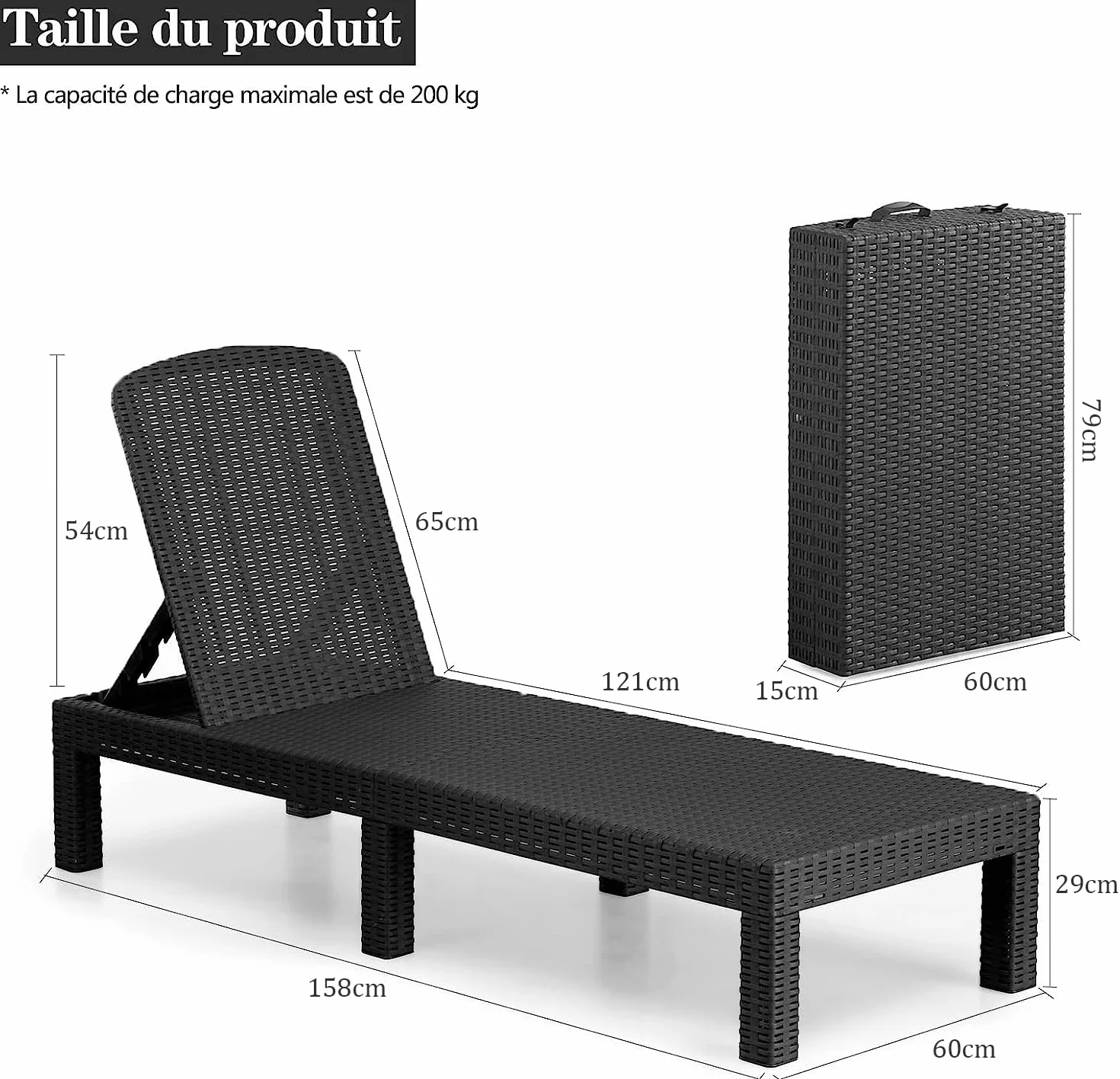 BOLLI Lot de 2 Chaise Longue Jardin Résine Imitation Rotin Tressé Coussin Confort Inclus Dossier Réglable Gris Sparkle