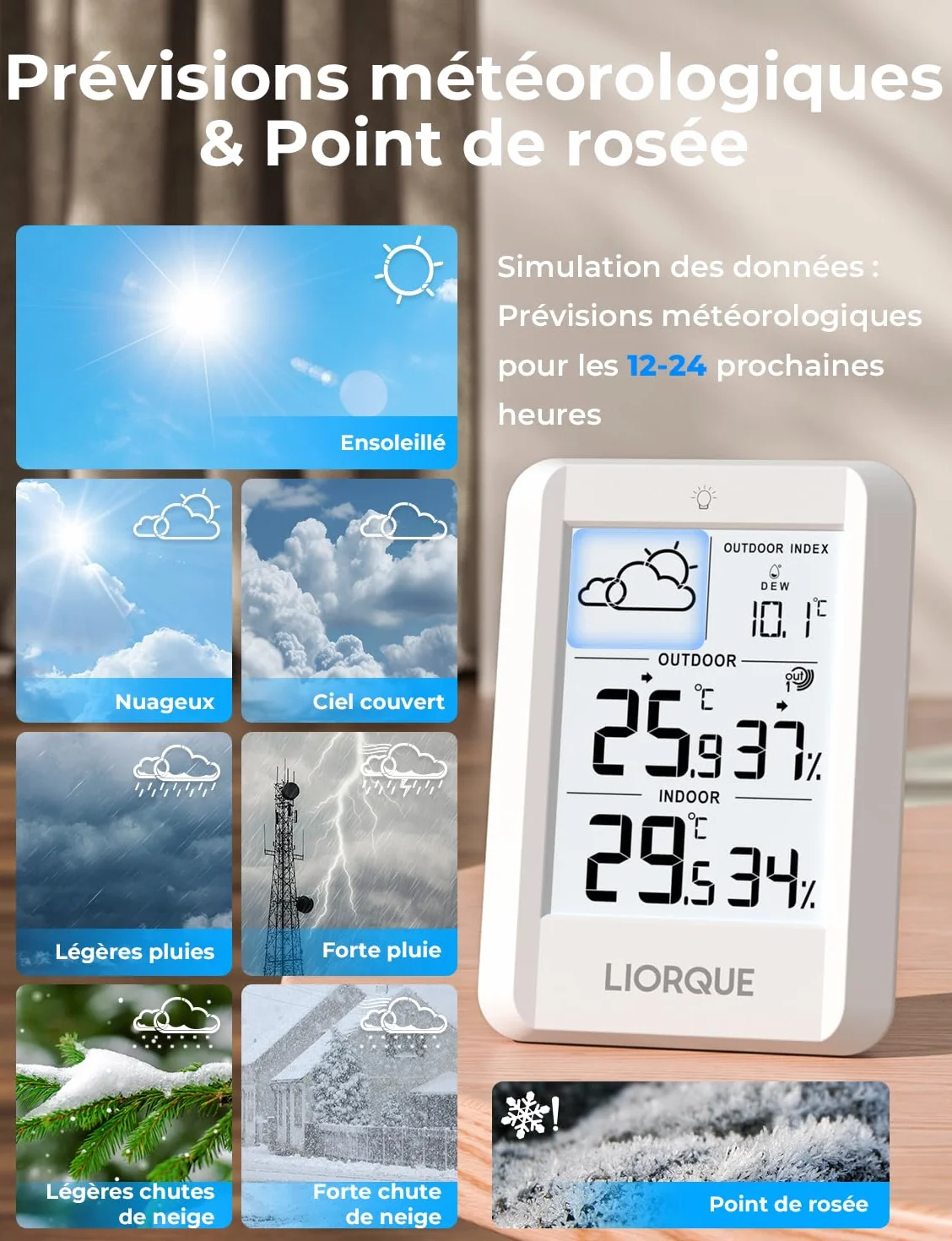 LIORQUE Station Meteo Interieur Exterieur Sans Fil, Thermometre Hygrometre Capteur IPX4, Portee 100m, Piles Incluses