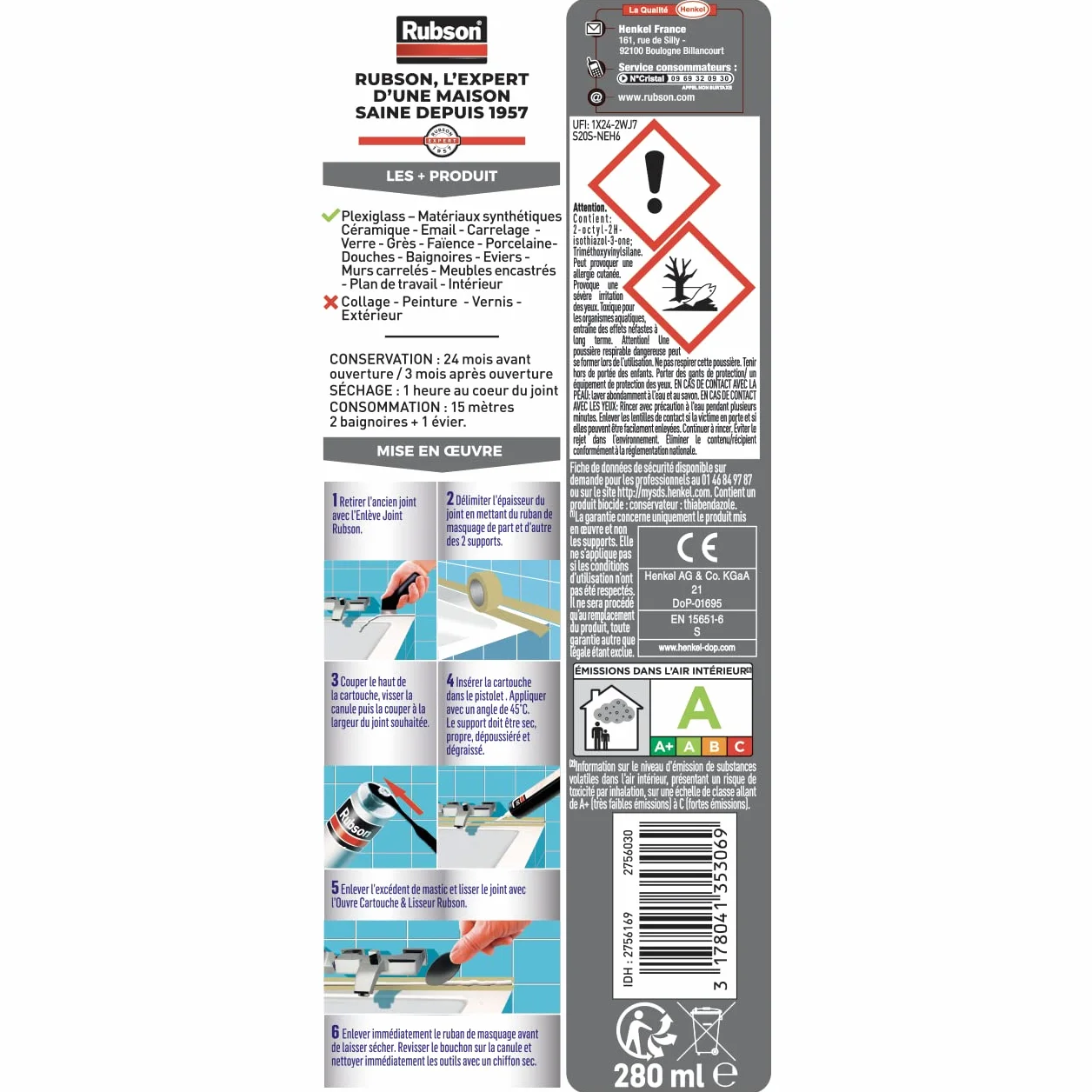 Rubson - Mastic Bain & Cuisine Blancheur Extrême (cartouche 280ml) étanche et anti moisissures à base de silicone - longue durée, Blanc