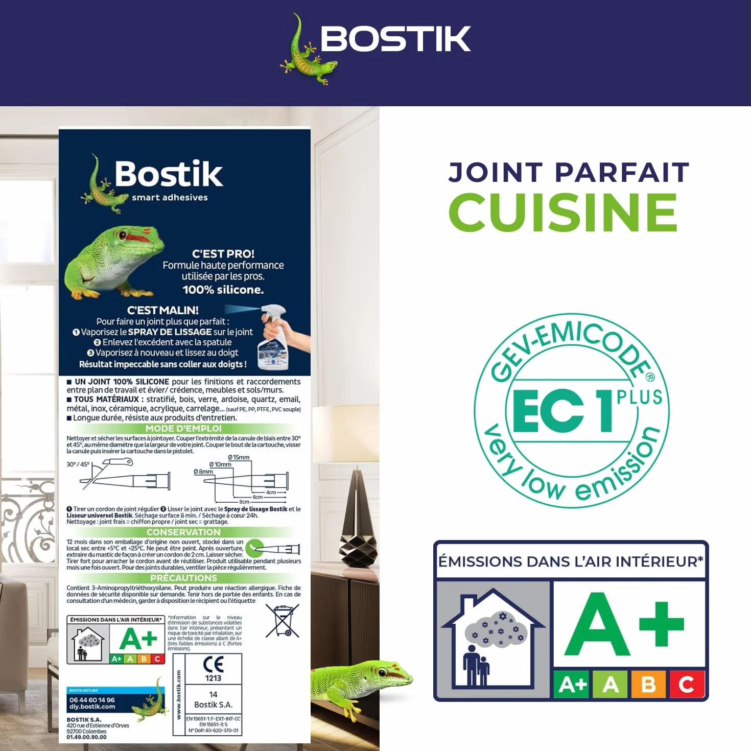 Bostik Mastic d’Étanchéité Joint Parfait Cuisine – Jointe Tous Matériaux – Sans Odeur – Traité Anti-Moisissures – Certifié Contact Alimentaire - Formule 100% Silicone – Couleur : Transparent – 280 ml