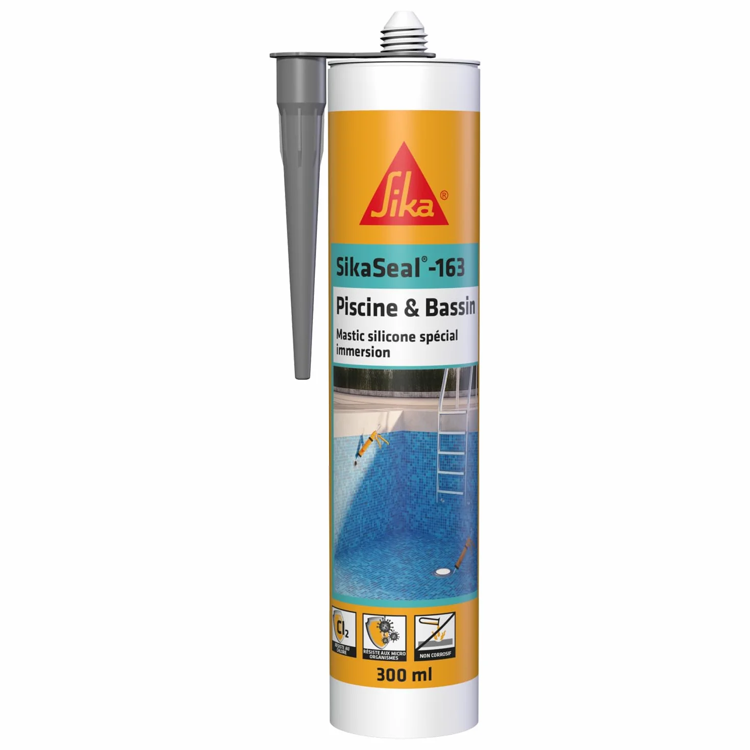 SIKA - SikaSeal 163 Piscine & Bassin, Mastic silicone spécial joint pour piscine, Idéal pour une immersion permanente, Resistant au chlore, Multi-support, 300ml Gris (Sikasil Pool)