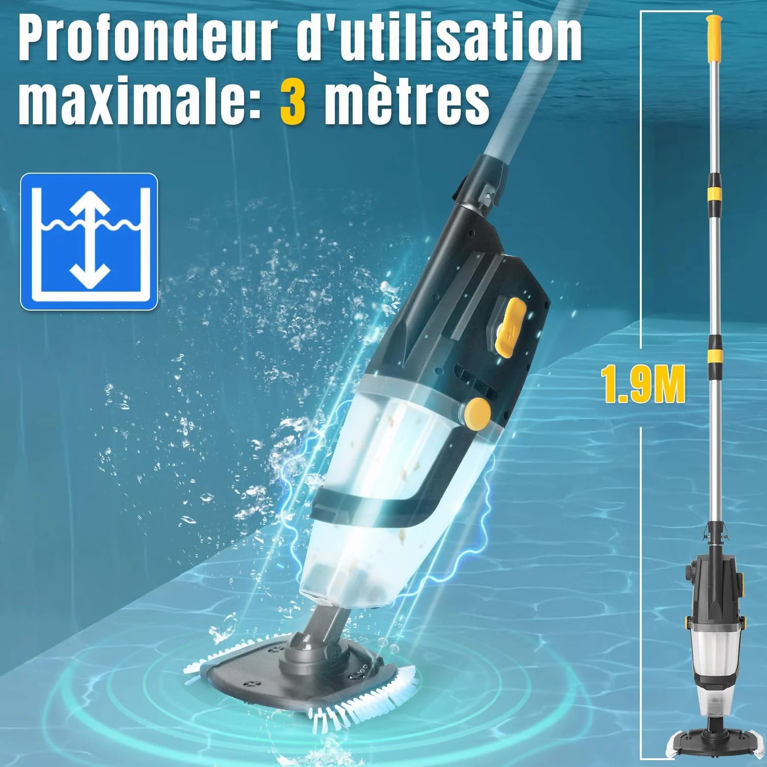 LEADZM Aspirateur Piscine sans Fil 4500mAh 100L/Min Autonomie 60 Min 190×23,7×17cm