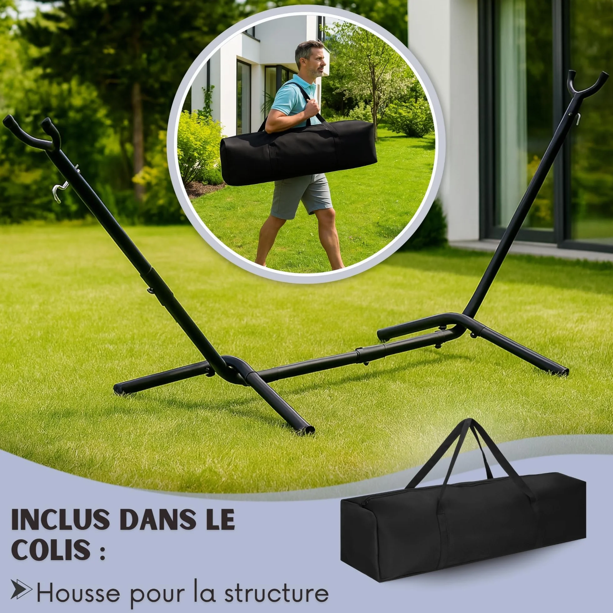 Armature de hamac en métal 120 kg Noir avec sac de transport