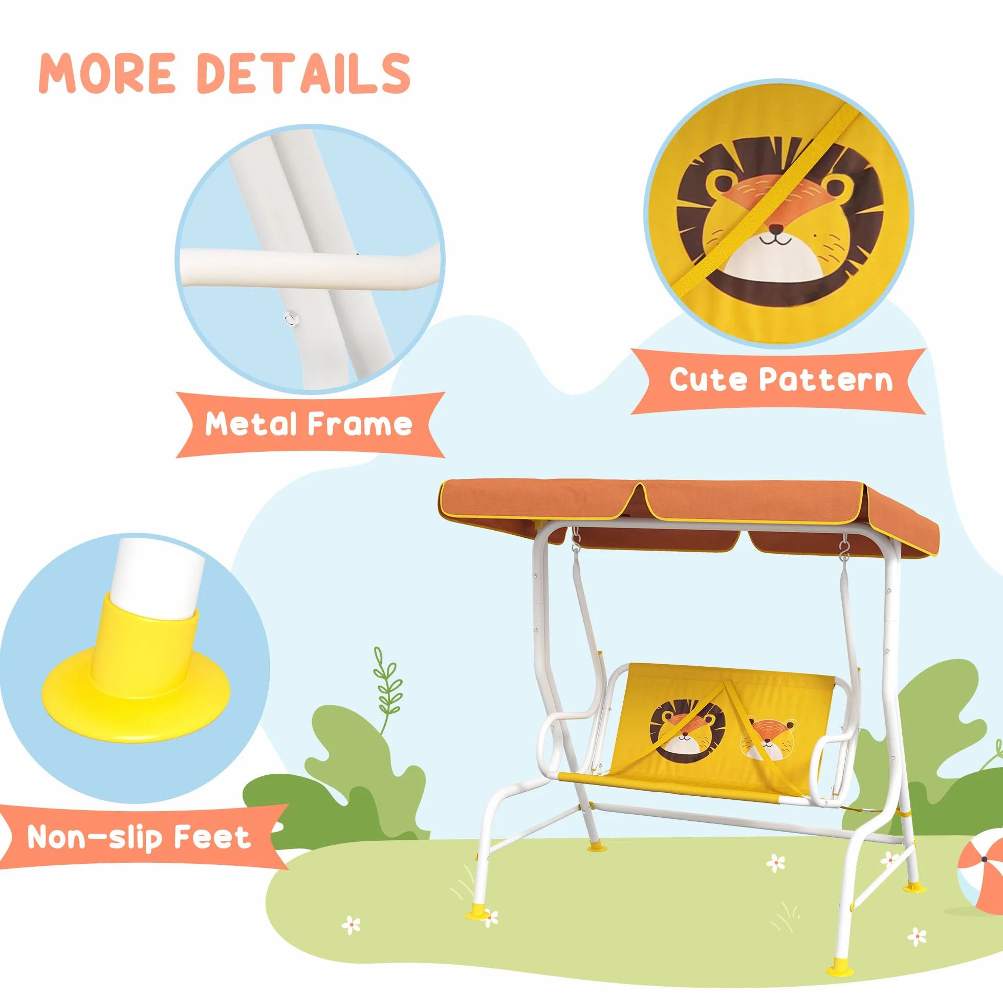 Outsunny Balancelle de jardin extérieure à 2 places motif lion, tente d'angle réglable, 60 kg, 110 x 70 x 110 cm, jaune