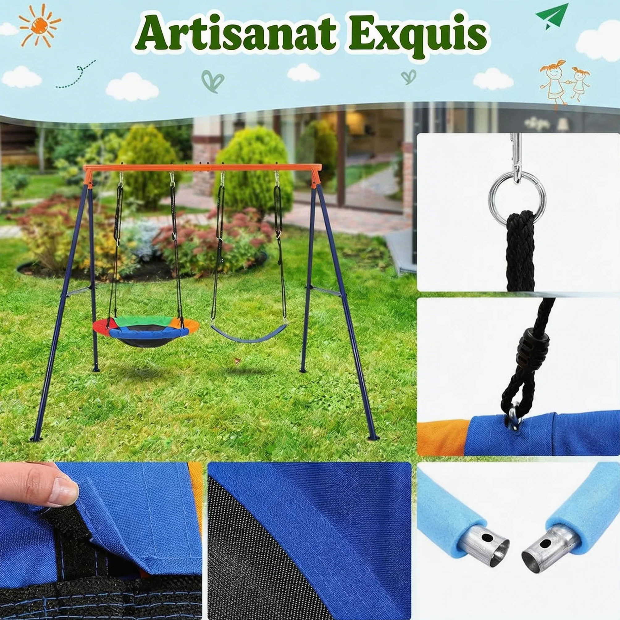 Portique Balançoire Extérieur Kit 2 Sièges Réglables Cadre Métal 250 kg Adulte Enfant