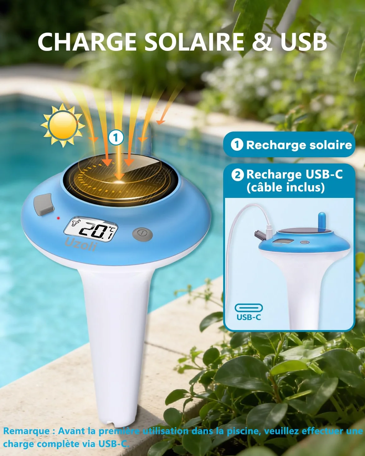 Thermomètre piscine flottant IPX7 recharge USB solaire EM777UC sans fil jacuzzi