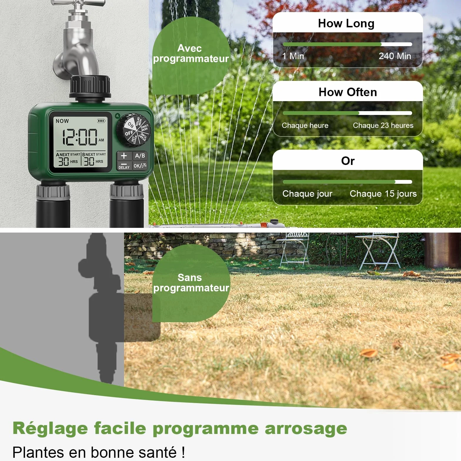 Programmateur Arrosage 2 Voies Grand écran LCD Arrosage Automatique Jardin