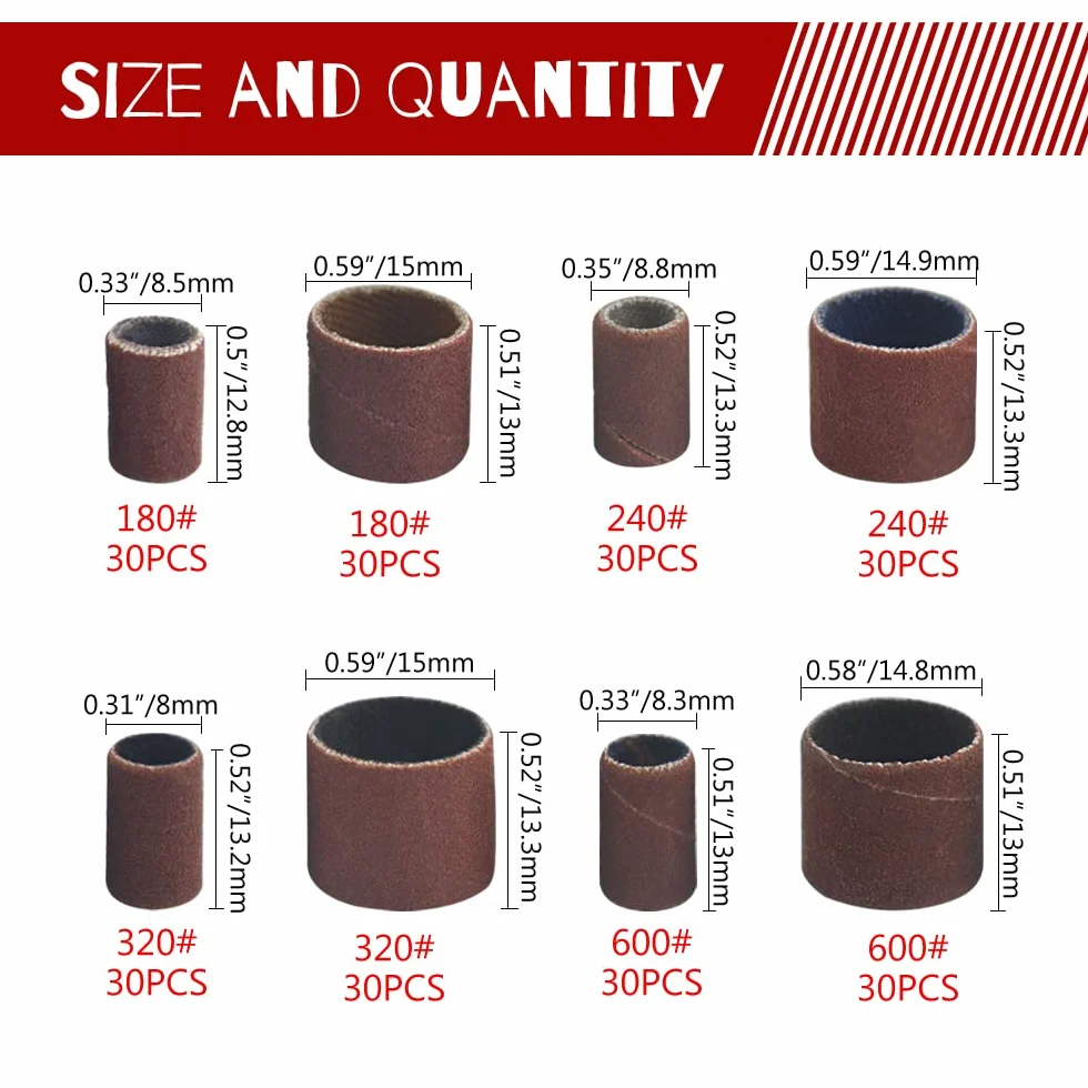WMYCONGCONG Lot de 252 Jeu de ponceuses à tambour y compris 180 240 320 600 Grits tambours de ponçage avec mandrins pour outil rotatif Dremel