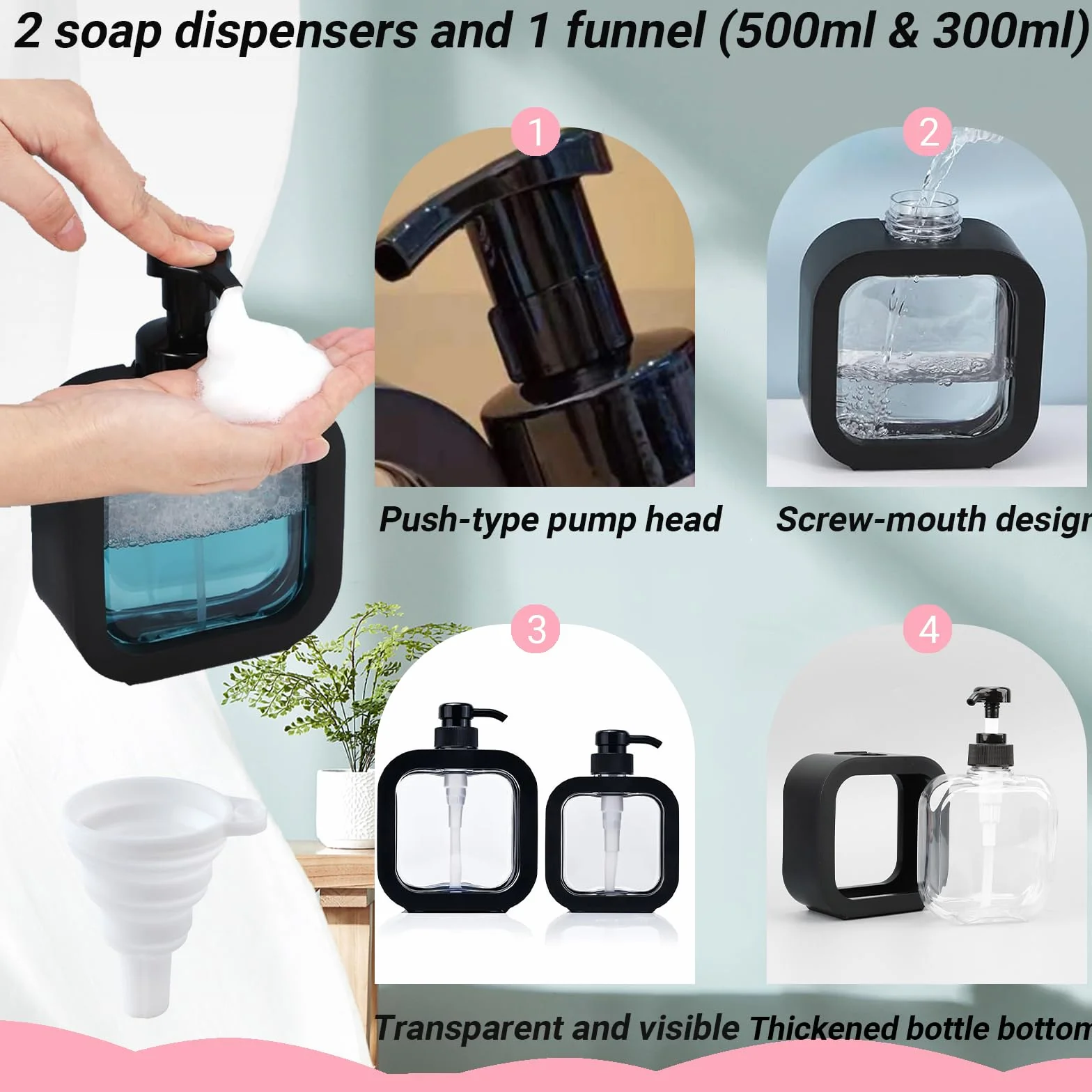 2 Pièces Noir Distributeur Savon WISIRENT, Distributeur Liquide Vaisselle Soap Dispenser, Flacon Pompe Vide Transparent Flacon Pompe Vide, Distributeur Gel Douche et 1 Entonnoir Pliable (500ml&300ml)