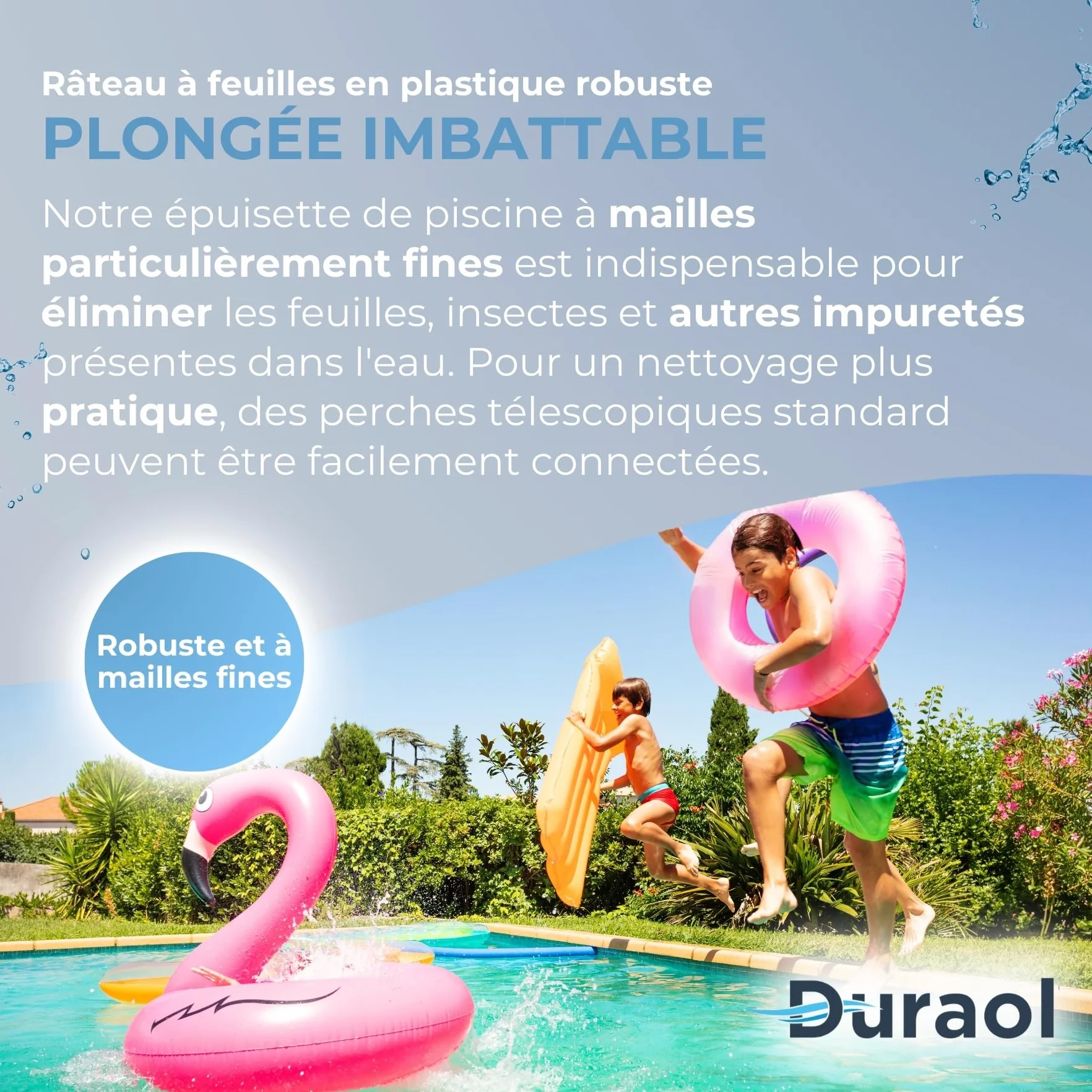 Épuisette de Piscine en Plastique 20 x 30 cm Mailles Fines pour Perche Télescopique