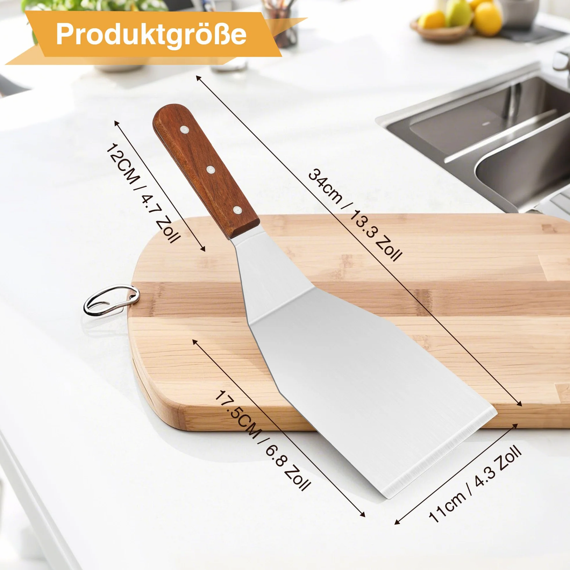Spatule en inox 34x11 cm avec manche en bois résistante à la chaleur pour cuisine barbecue crêpe pizza