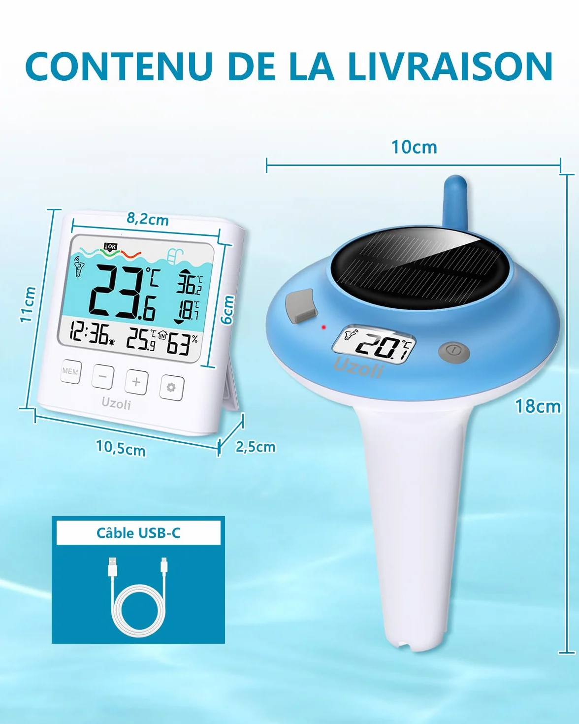 Thermomètre piscine flottant IPX7 recharge USB solaire EM777UC sans fil jacuzzi