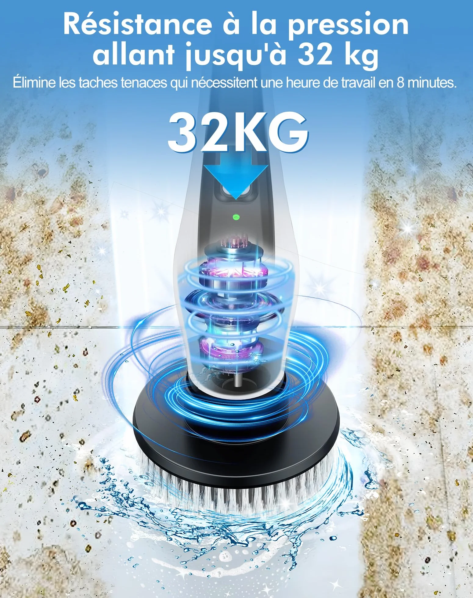 Brosse Rotative Nettoyage avec 9 Têtes, Manche Extensible 2 Vitesses, Batterie 3000mAh, Brosse Nettoyage Electrique étanche IPX8 pour Salle de Bain, Cuisine et Voiture
