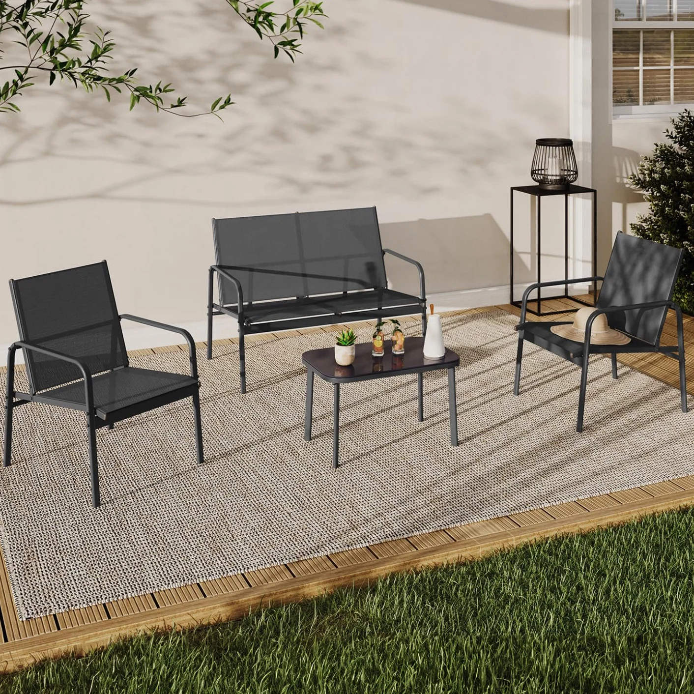 Salon de Jardin TOLEDE 4 Places Canapé Fauteuils Table Gris Anthracite