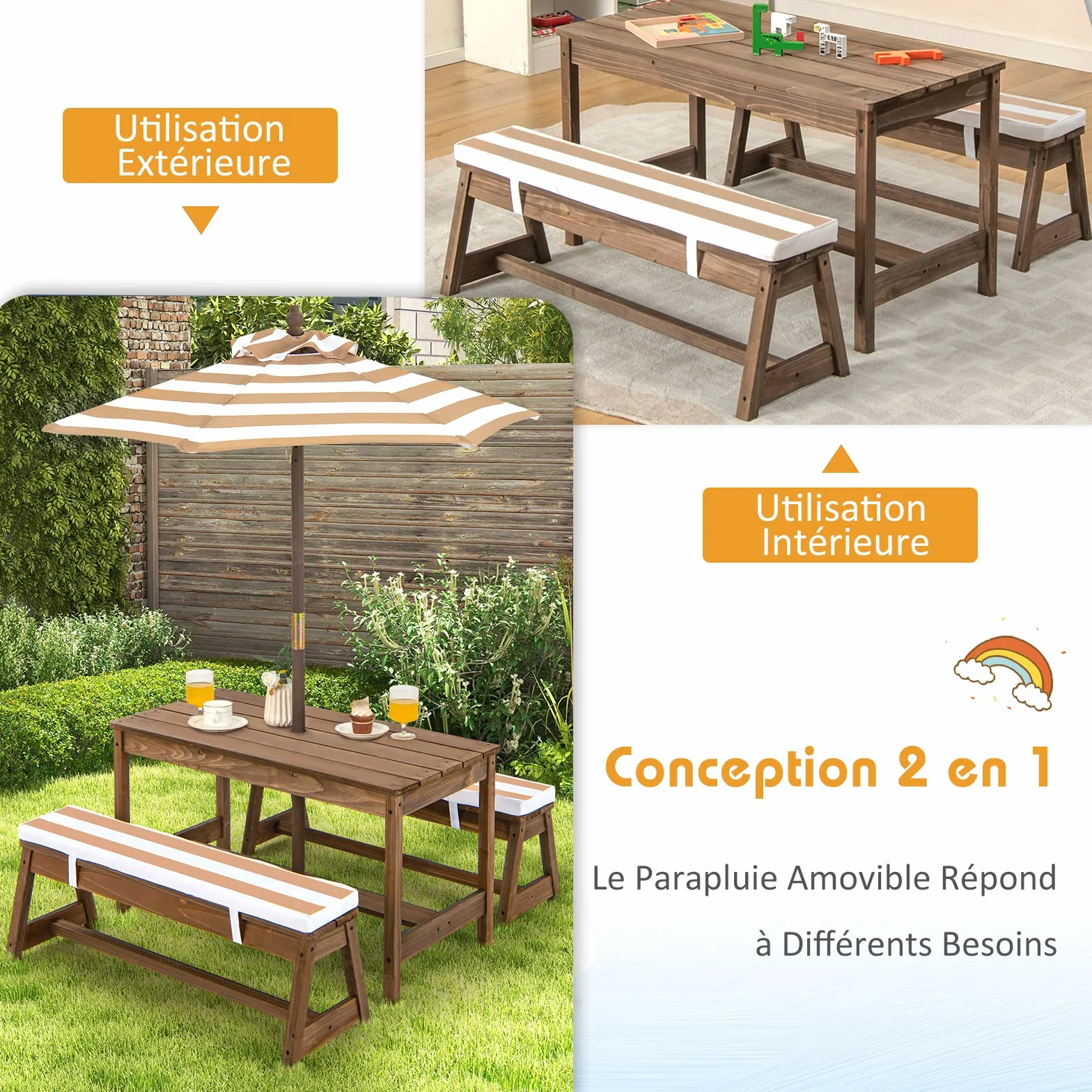 COSTWAY Table de Pique-Nique Enfants avec Parasol Réglable, Salon Jardin Bois Coussins, 89 x 44 x 50 cm Marron