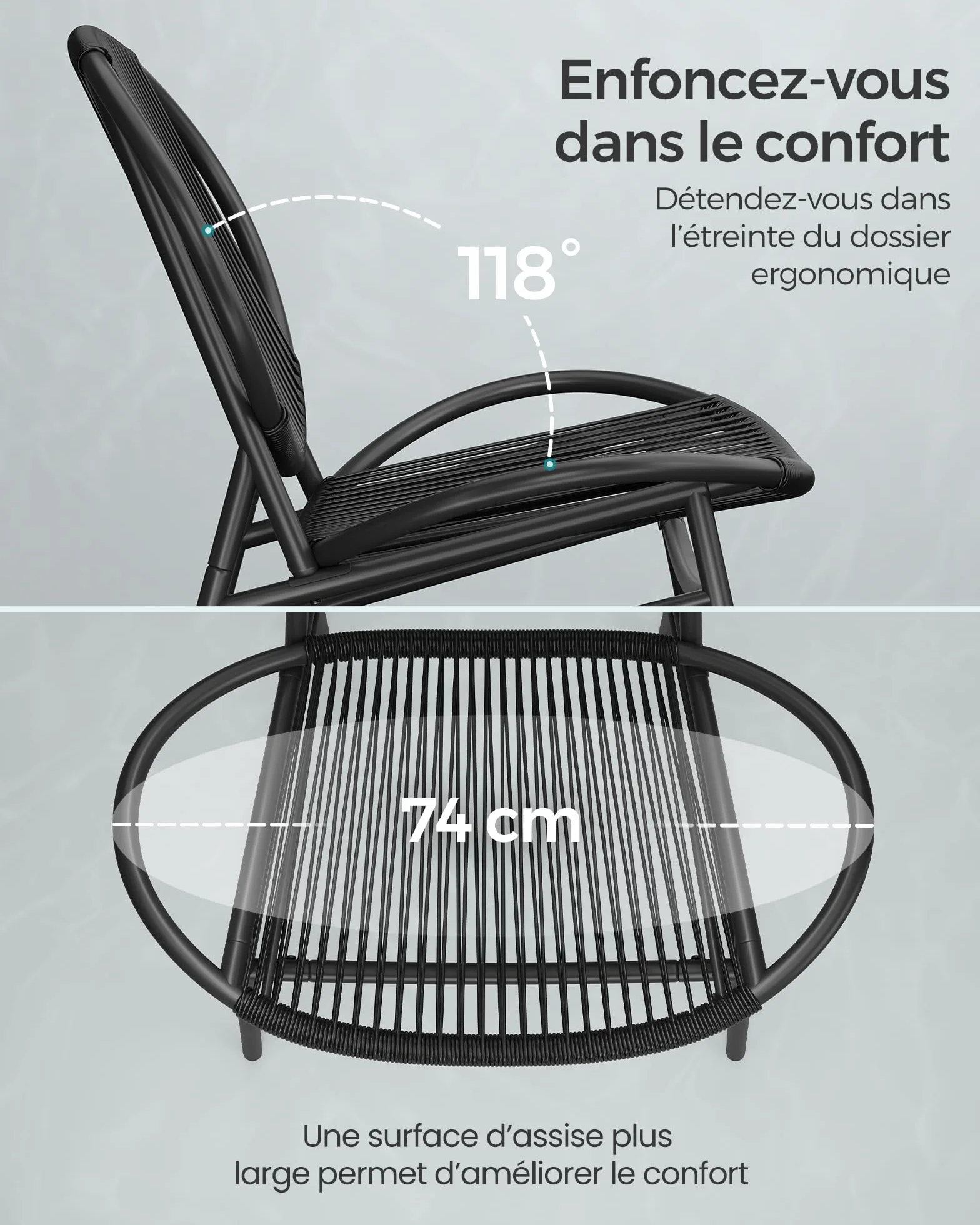 SONGMICS Ensemble Salon de Jardin 3 Pièces Chaises Acapulco Table d Appoint 2 Chaises Noir d'encre