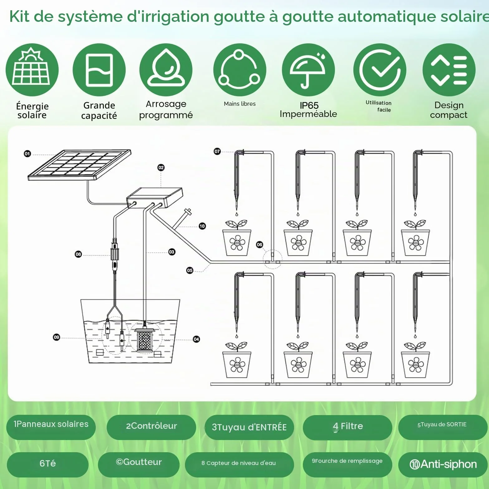 Kit Irrigation Goutte à Goutte Automatique Solaire avec Minuterie Tuyau 35M Jardin