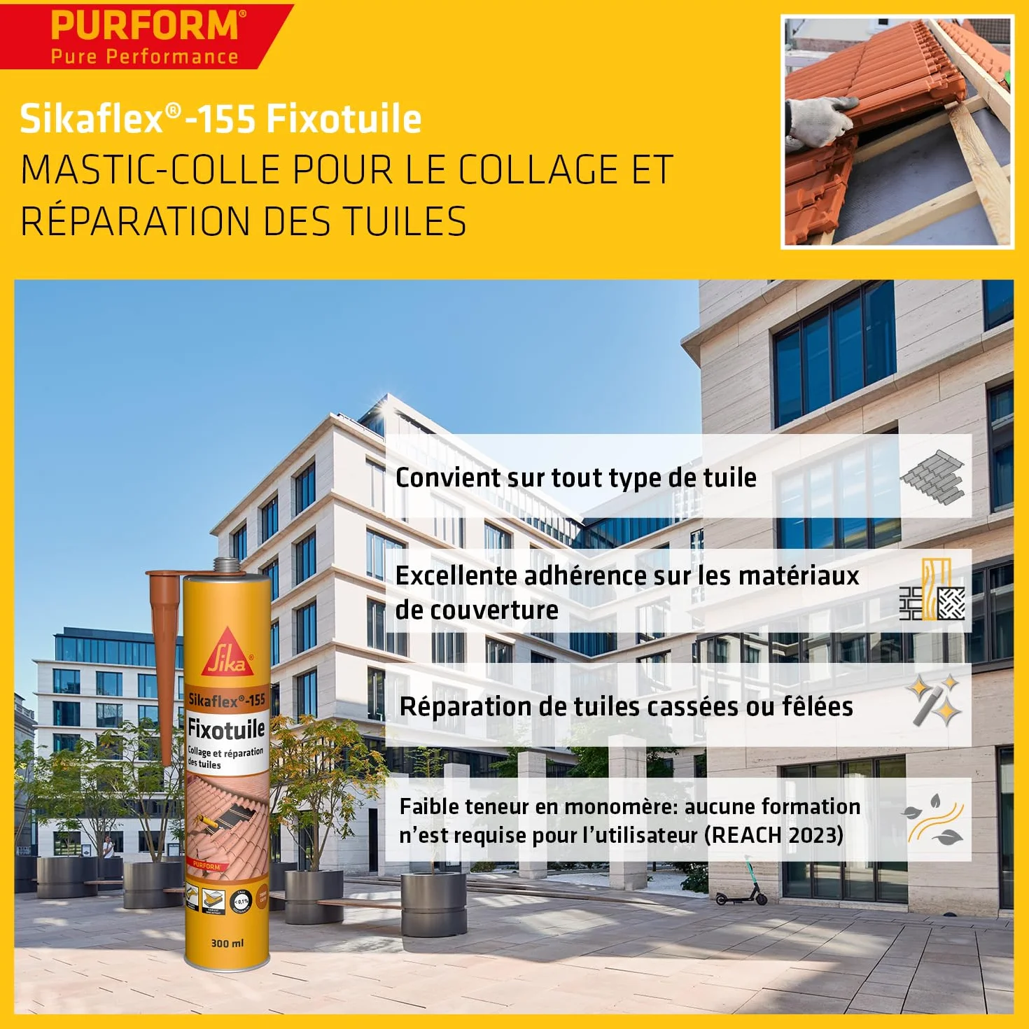 SIKA - Mastic-colle souple polyuréthane - Sikaflex-155 Fixotuile Purform terre cuite - Réparation et collage de tuiles - Tous types de tuiles - Carton de 12 cartouches de 300ml